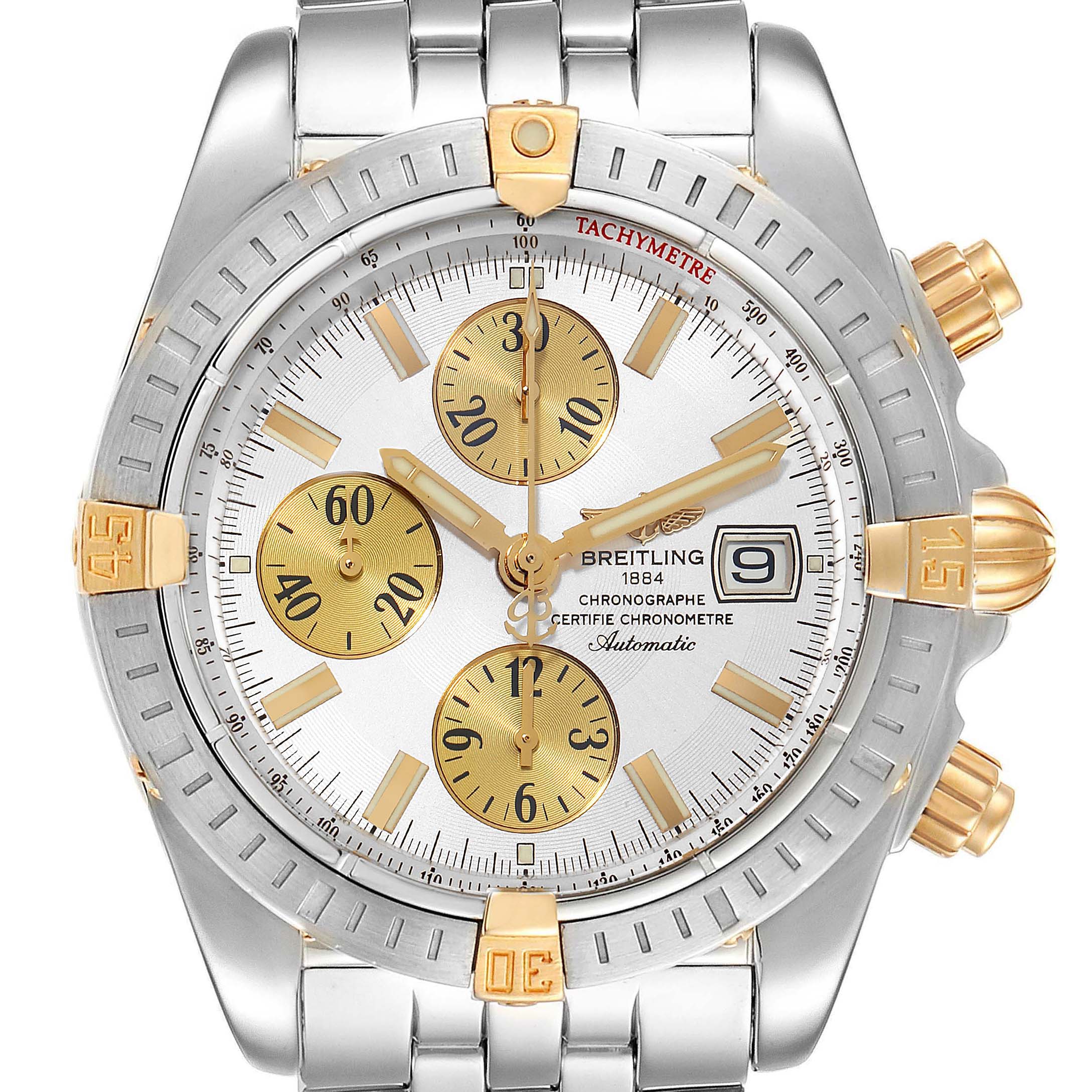 The image shows a front view of the Breitling Chronomat B13356 Men's Steel and Gold (two tone) Silver Dial B13356 Men's Steel and Gold (two tone) Silver Dial watch, featuring its dial, chronograph subdials, and tachymeter bezel.