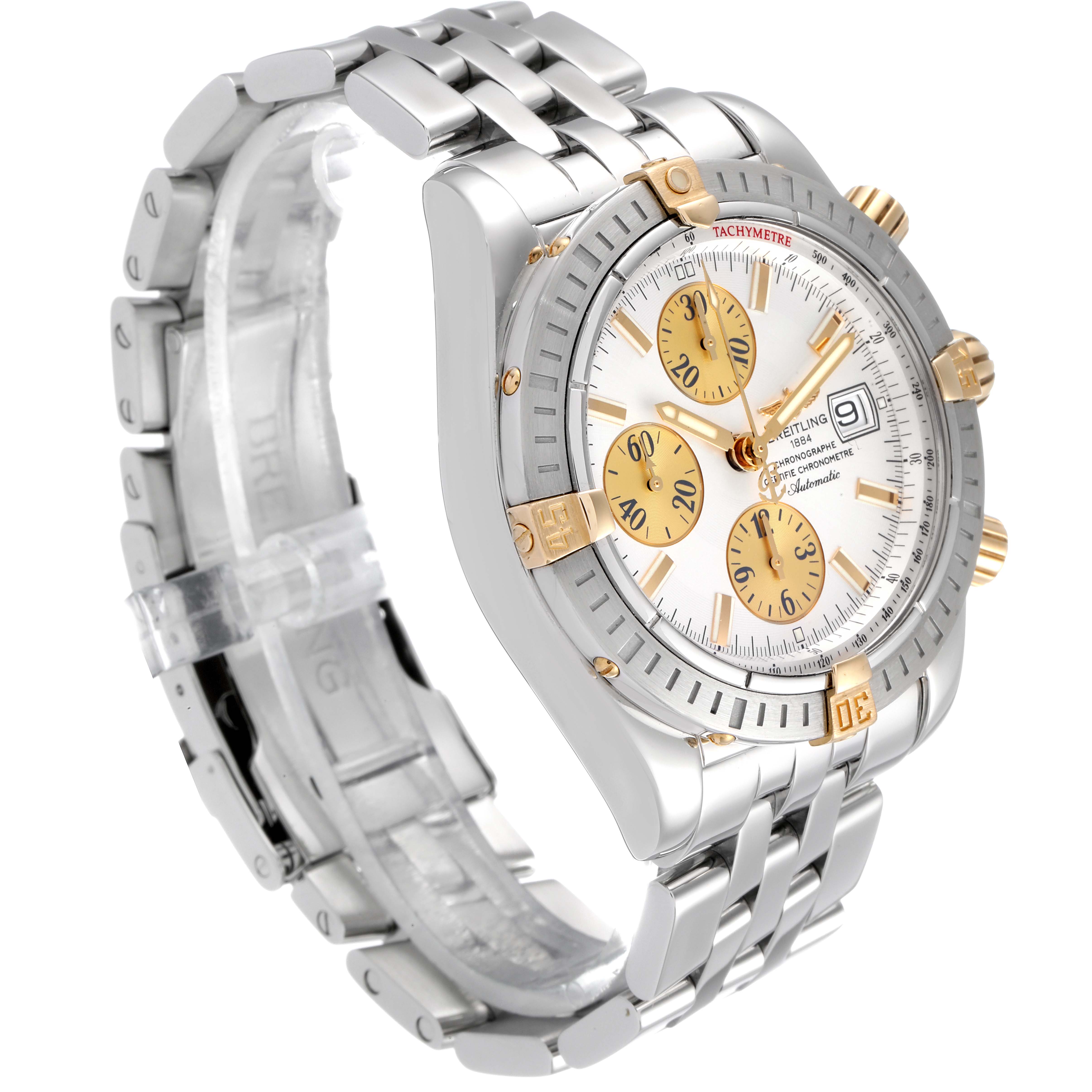 The image shows a three-quarter view of the Breitling Chronomat B13356 Men's Steel and Gold (two tone) Silver Dial B13356 Men's Steel and Gold (two tone) Silver Dial watch, highlighting its face, bezel, and metal bracelet.