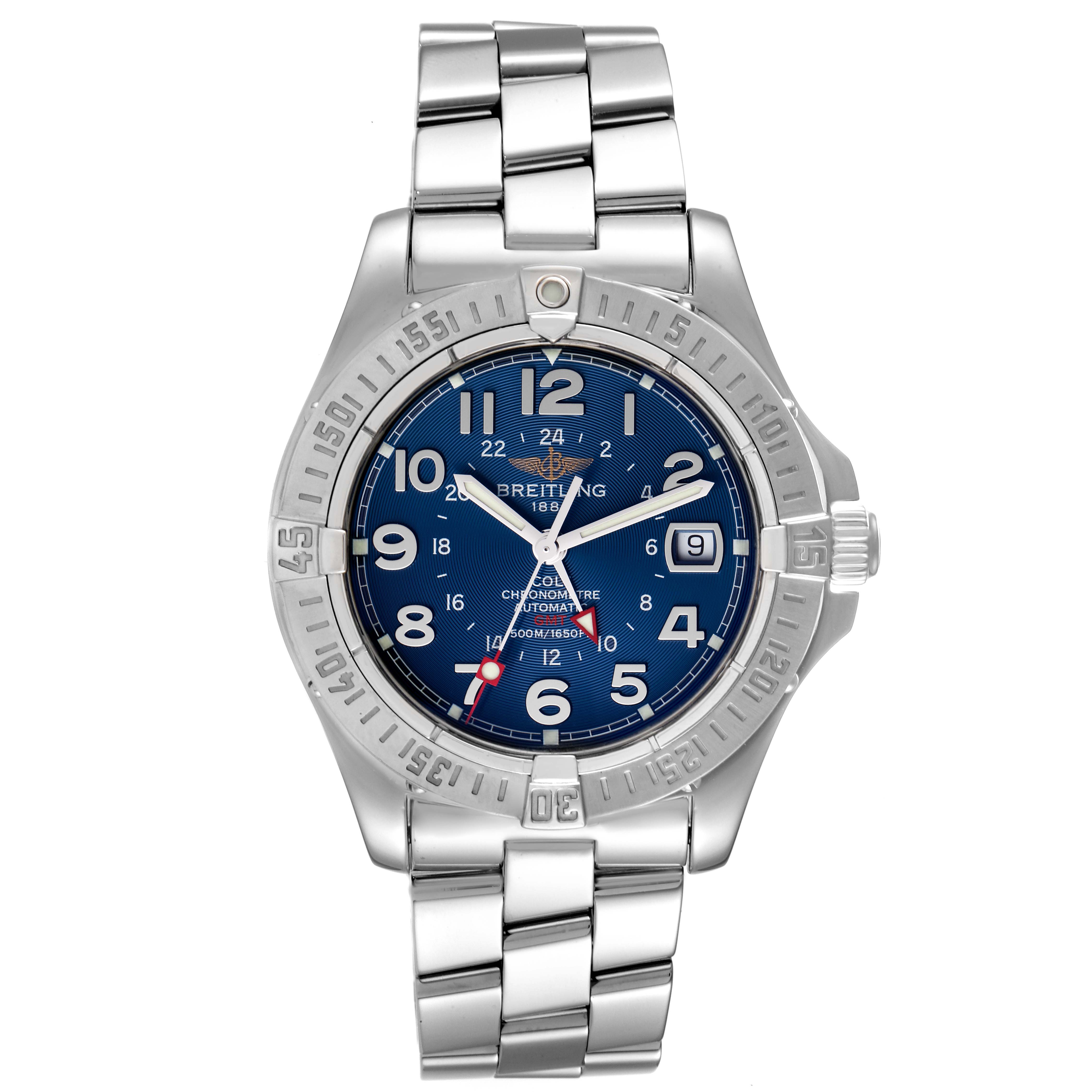 This is a front view of a Breitling Colt A32350 Men's Stainless Steel Blue Dial A32350 Men's Stainless Steel Blue Dial watch, showing the face, bezel, and metal bracelet.