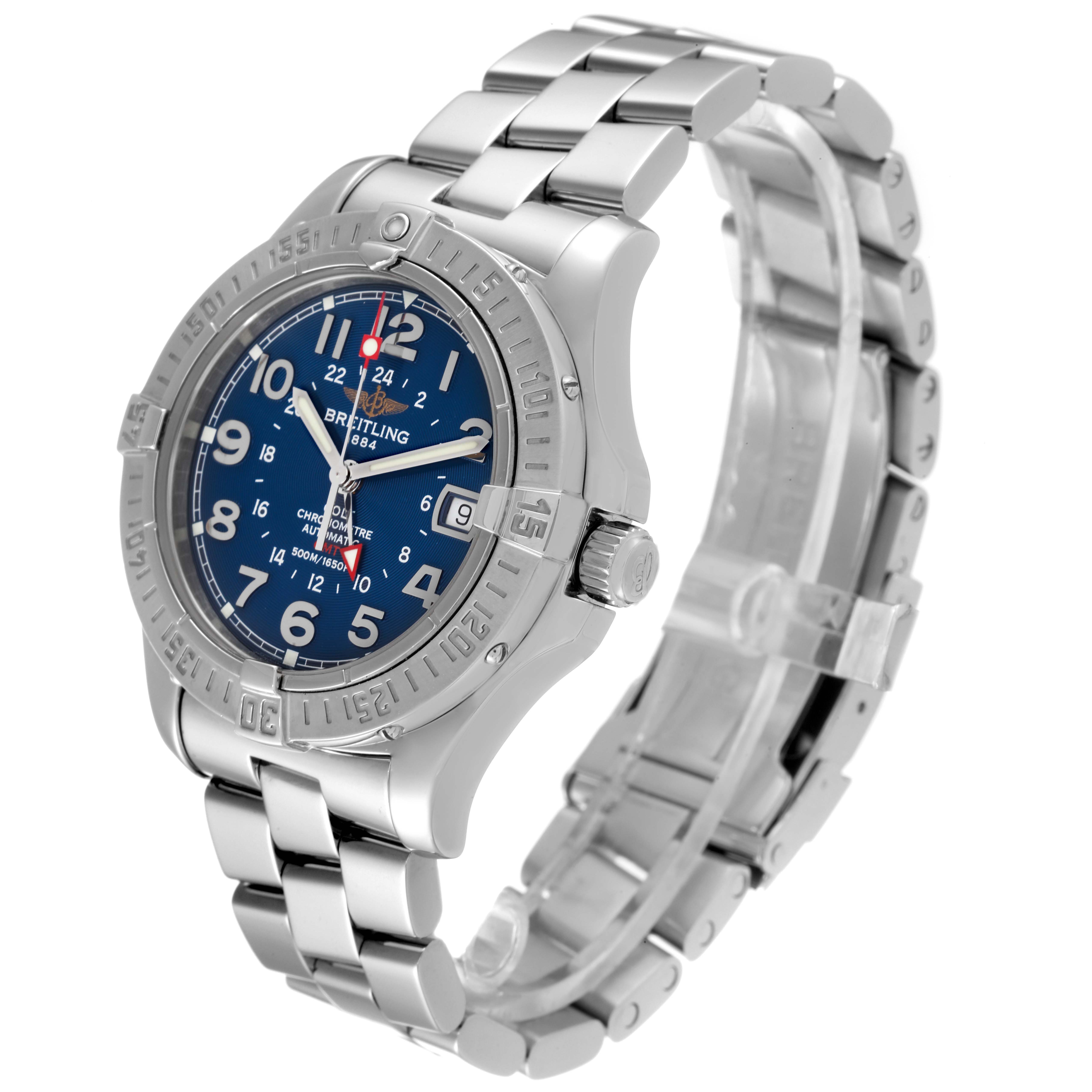 The image shows a side view of a Breitling Colt A32350 Men's Stainless Steel Blue Dial A32350 Men's Stainless Steel Blue Dial watch, displaying its blue dial, bezel, crown, and metal bracelet.