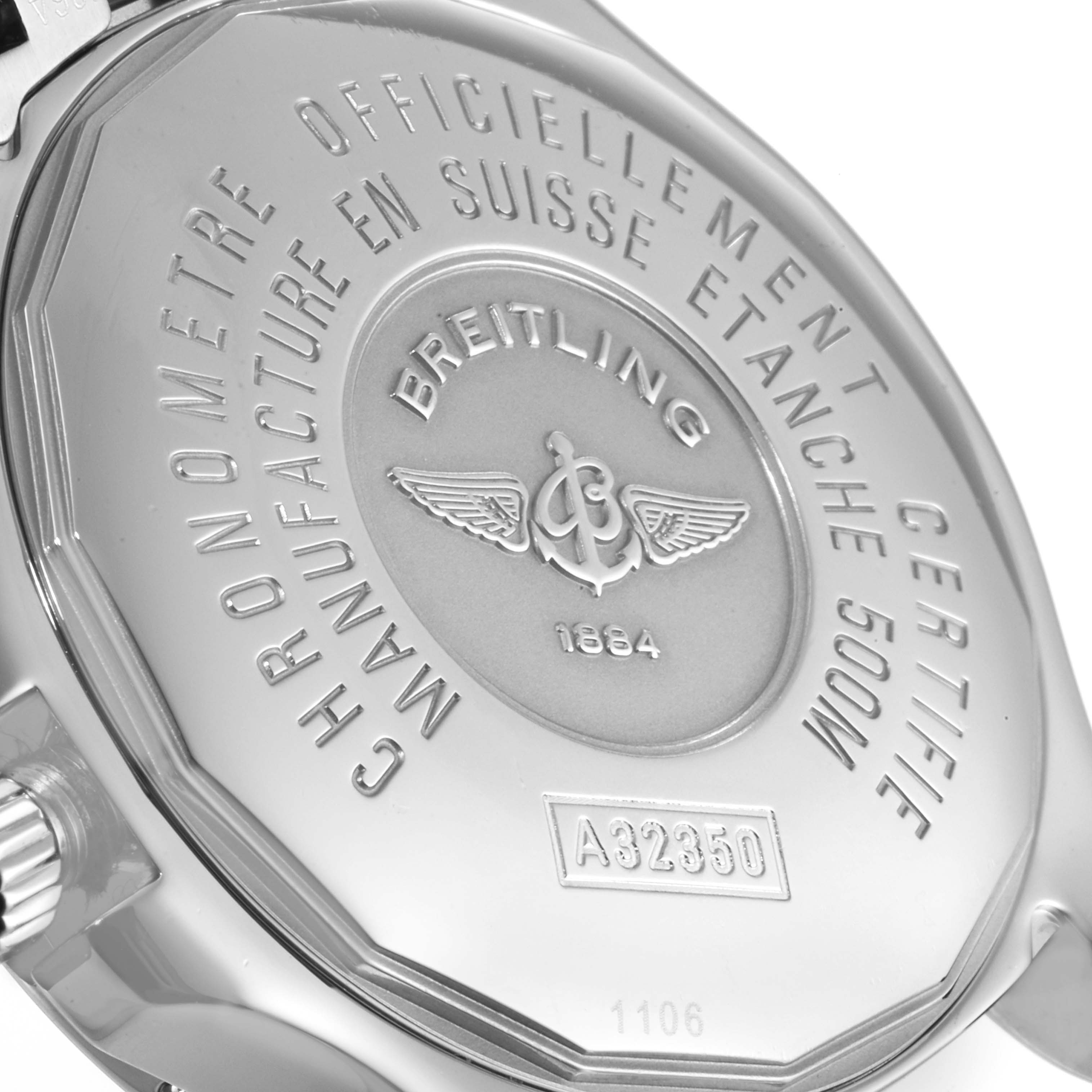 The image shows the back case of a Breitling Colt A32350 Men's Stainless Steel Blue Dial A32350 Men's Stainless Steel Blue Dial watch, highlighting its engravings and model details.