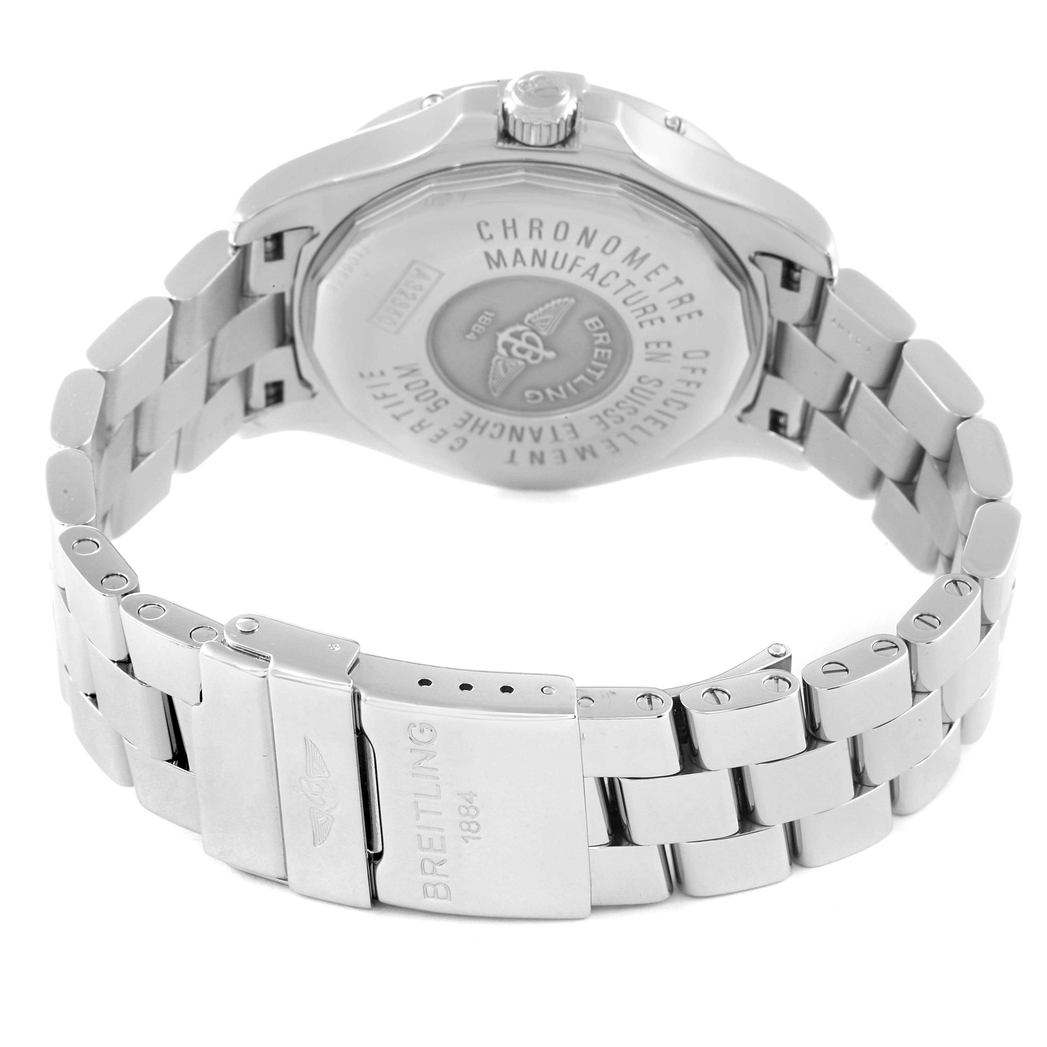 This image shows the back and clasp of the Breitling Colt A32350 Men's Stainless Steel Blue Dial A32350 Men's Stainless Steel Blue Dial watch, including parts of the strap and case back.