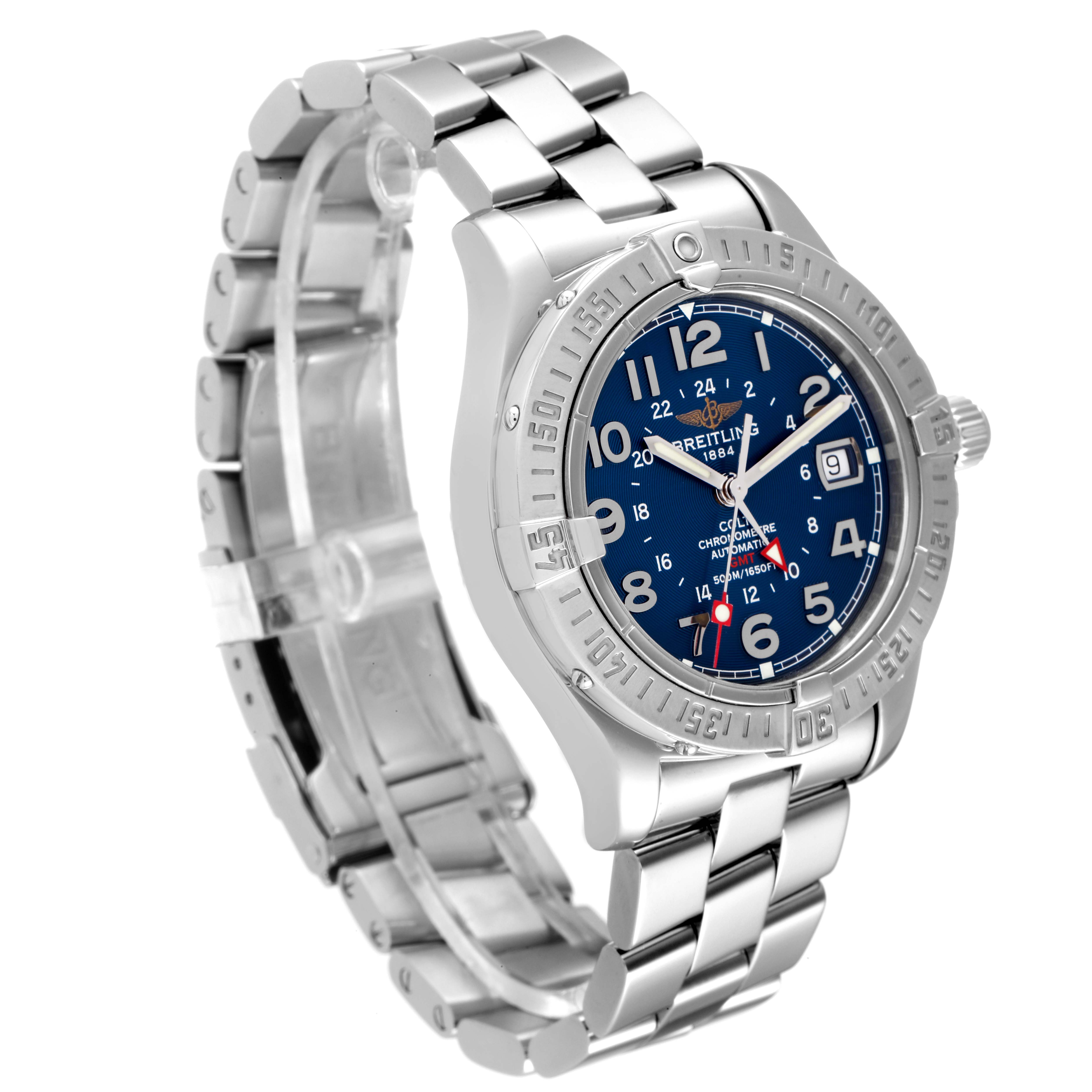 The image shows a Breitling Colt A32350 Men's Stainless Steel Blue Dial A32350 Men's Stainless Steel Blue Dial watch at a side angle, highlighting its stainless steel bracelet and blue dial.