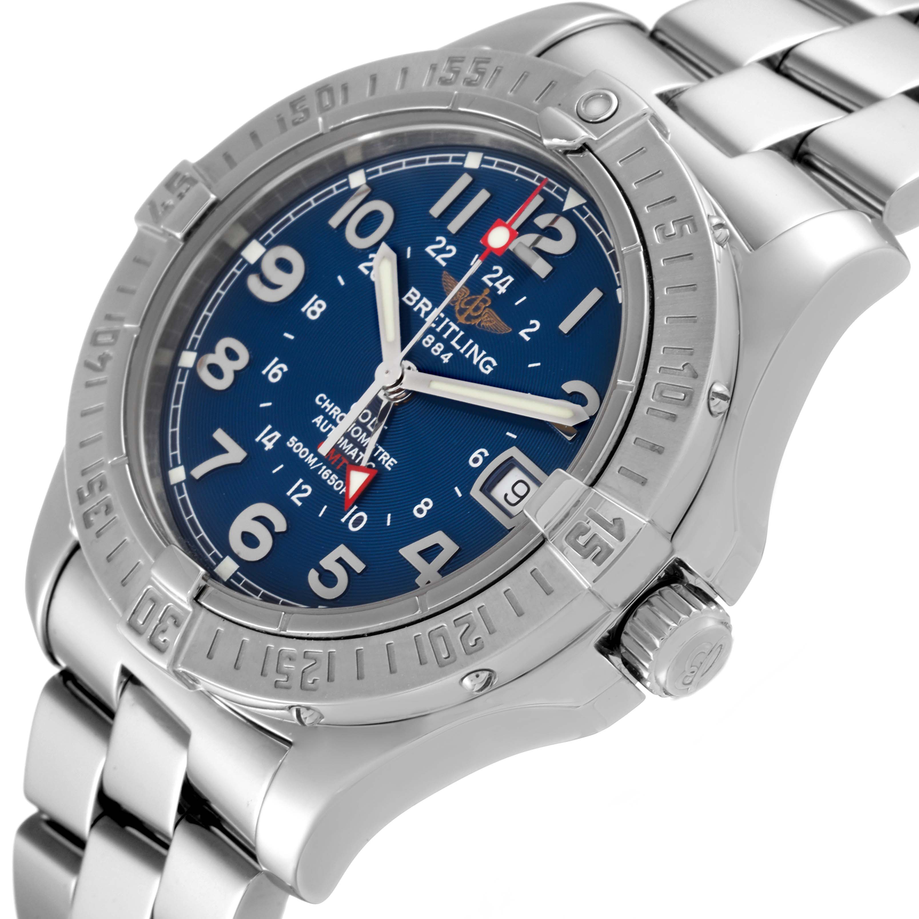 The image shows a close-up view of the Breitling Colt A32350 Men's Stainless Steel Blue Dial A32350 Men's Stainless Steel Blue Dial watch, highlighting the bezel, dial, crown, and part of the bracelet.