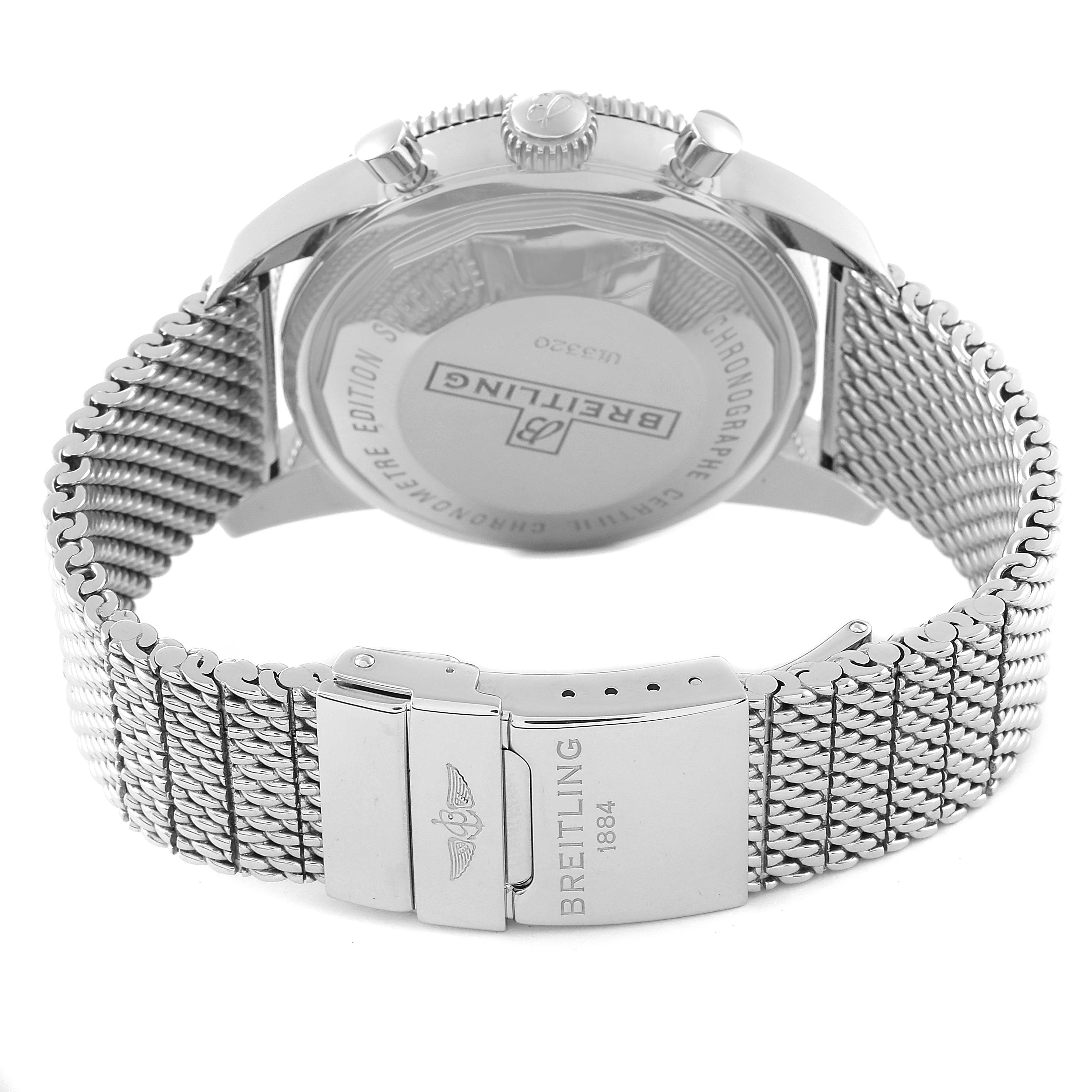 This image shows the back view of the Breitling Superocean U1332012/B908-152A Men's Steel and Gold (two tone) Black Dial U1332012/B908-152A Men's Steel and Gold (two tone) Black Dial watch with a focus on its clasp and mesh bracelet.