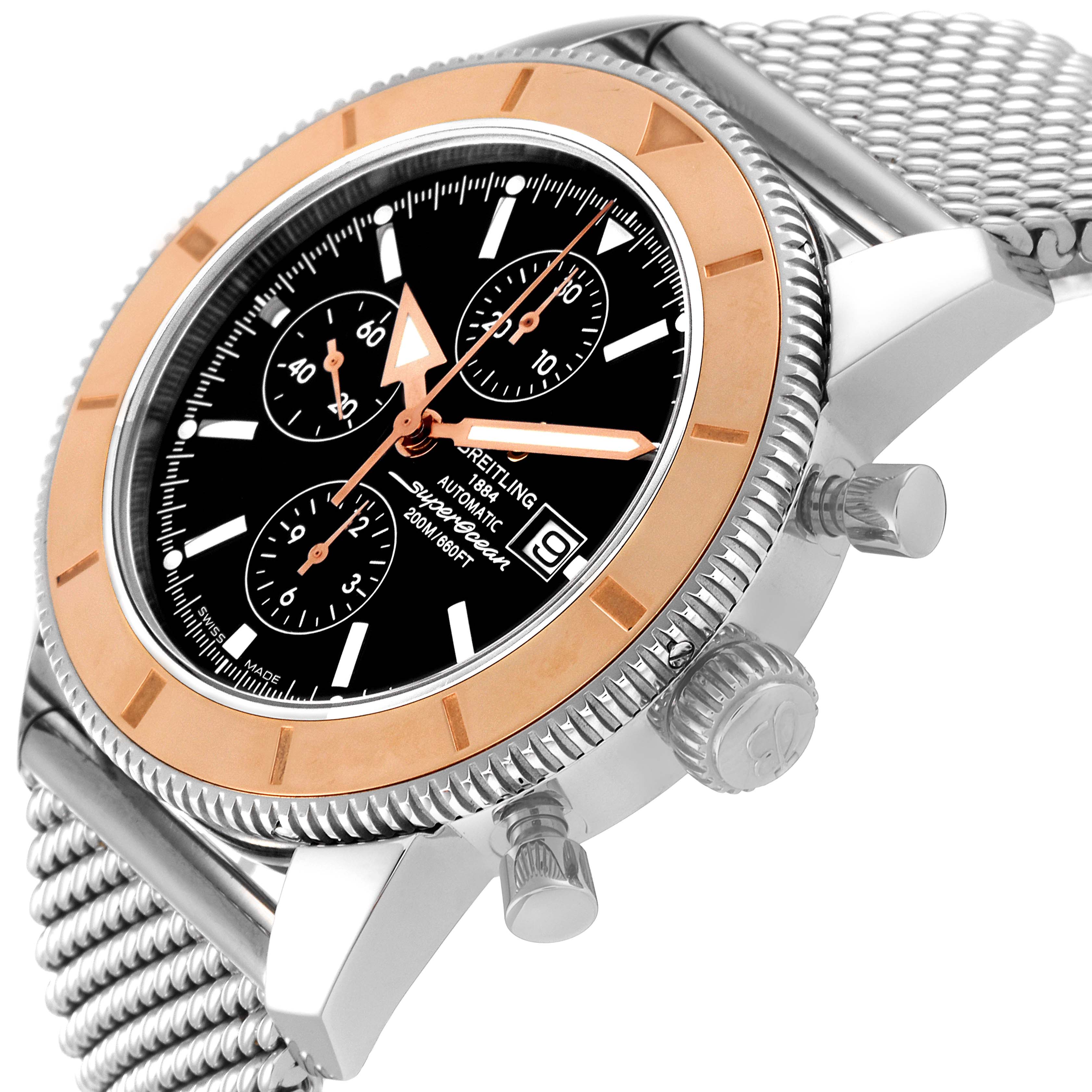 The image shows a side and partial front view of a Breitling Superocean U1332012/B908-152A Men's Steel and Gold (two tone) Black Dial U1332012/B908-152A Men's Steel and Gold (two tone) Black Dial watch, highlighting the bezel, dial, crown, and pushers.