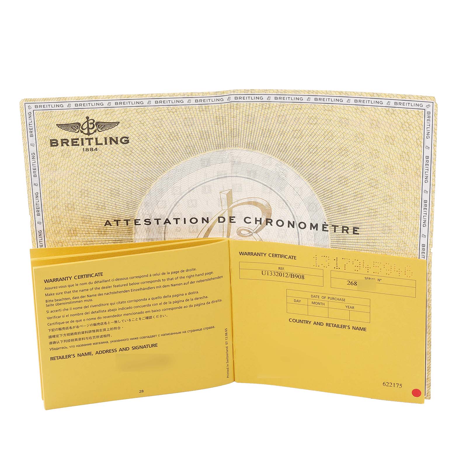 The image shows the warranty certificate and chronometer attestation for a Breitling Superocean U1332012/B908-152A Men's Steel and Gold (two tone) Black Dial U1332012/B908-152A Men's Steel and Gold (two tone) Black Dial watch, displayed from a top-down angle.
