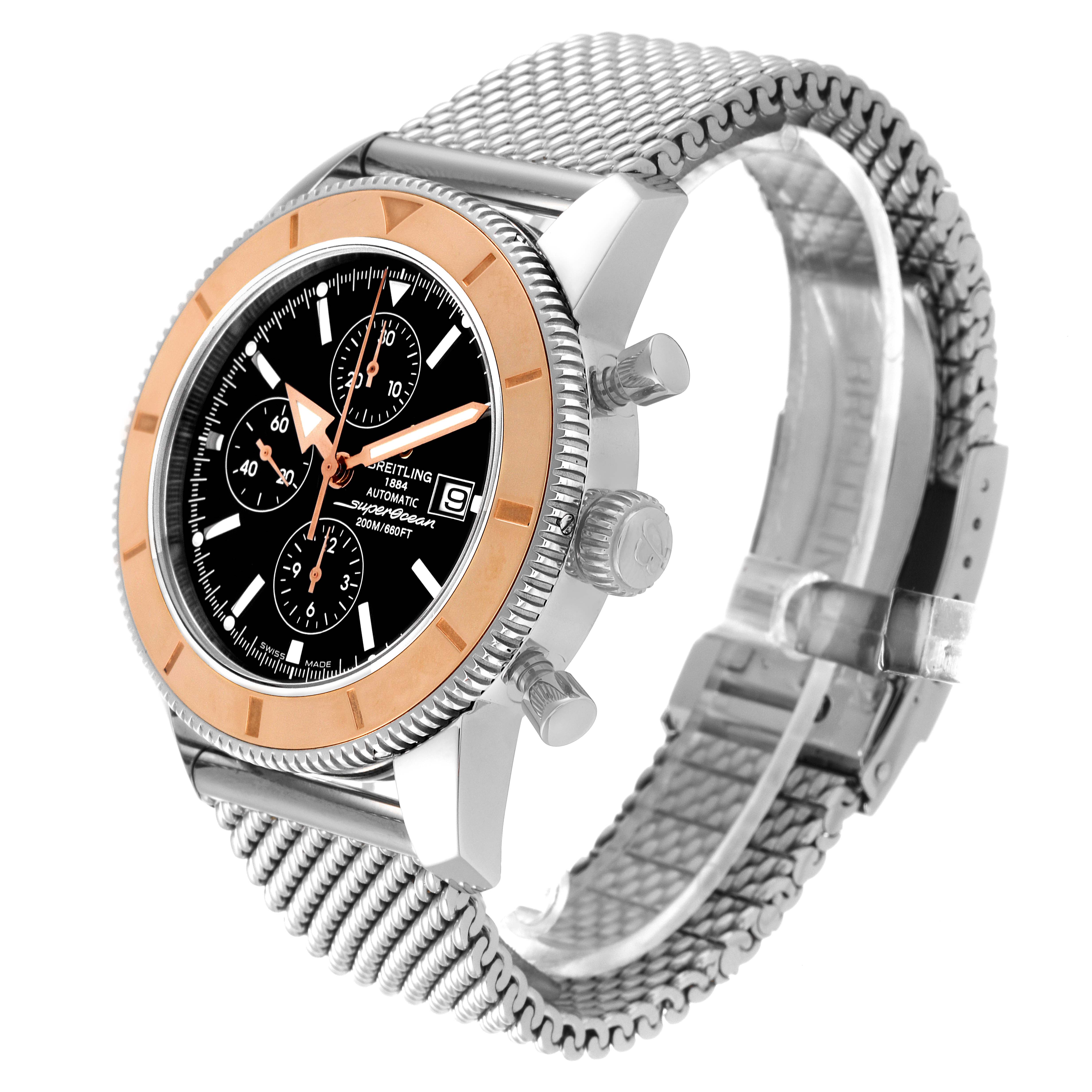 This Breitling Superocean U1332012/B908-152A Men's Steel and Gold (two tone) Black Dial U1332012/B908-152A Men's Steel and Gold (two tone) Black Dial watch is shown at a three-quarter angle, displaying the face, chronograph dials, bezel, and mesh bracelet.