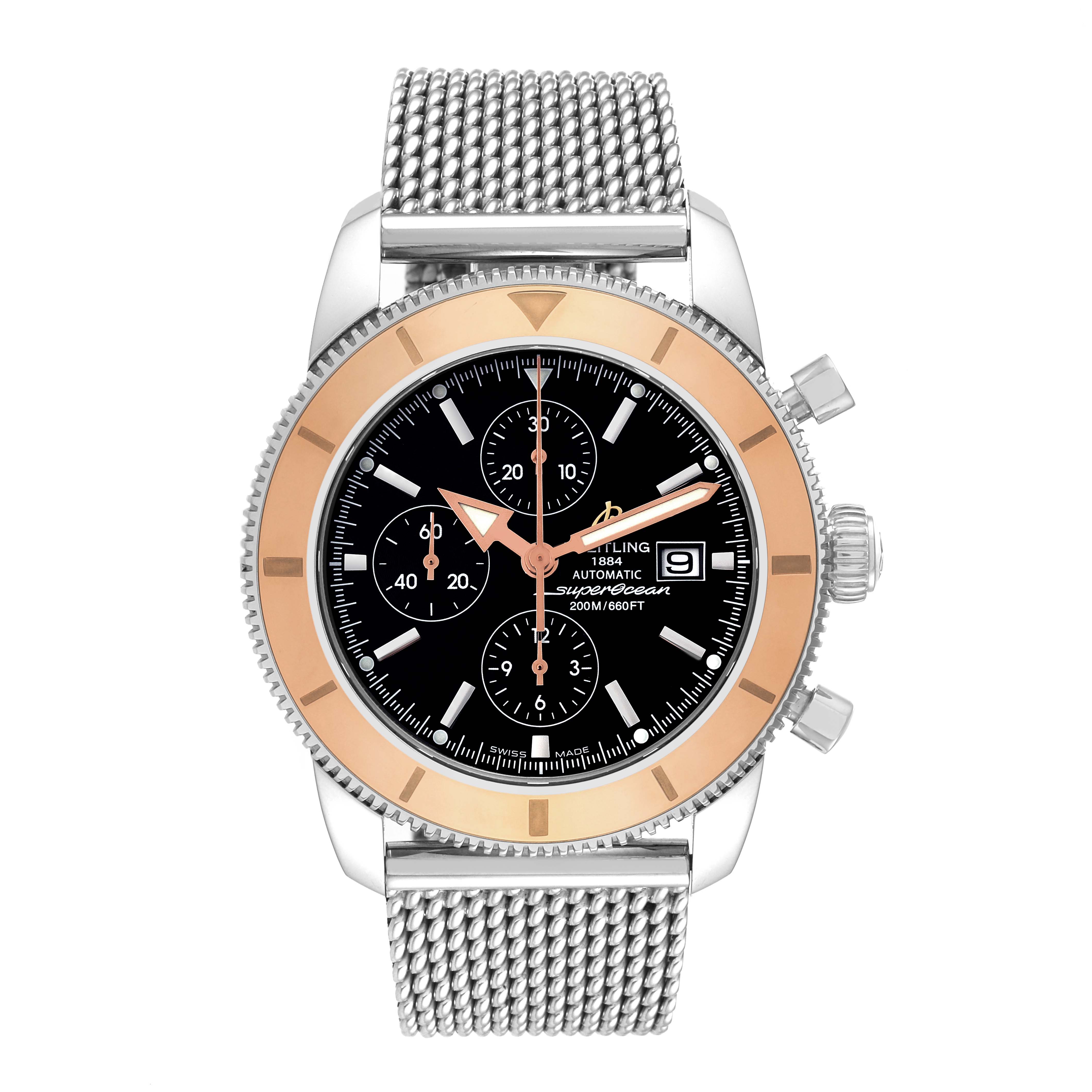 This image shows a front view of the Breitling Superocean U1332012/B908-152A Men's Steel and Gold (two tone) Black Dial U1332012/B908-152A Men's Steel and Gold (two tone) Black Dial watch, highlighting its dial, bezel, crown, pushers, and metal mesh band.