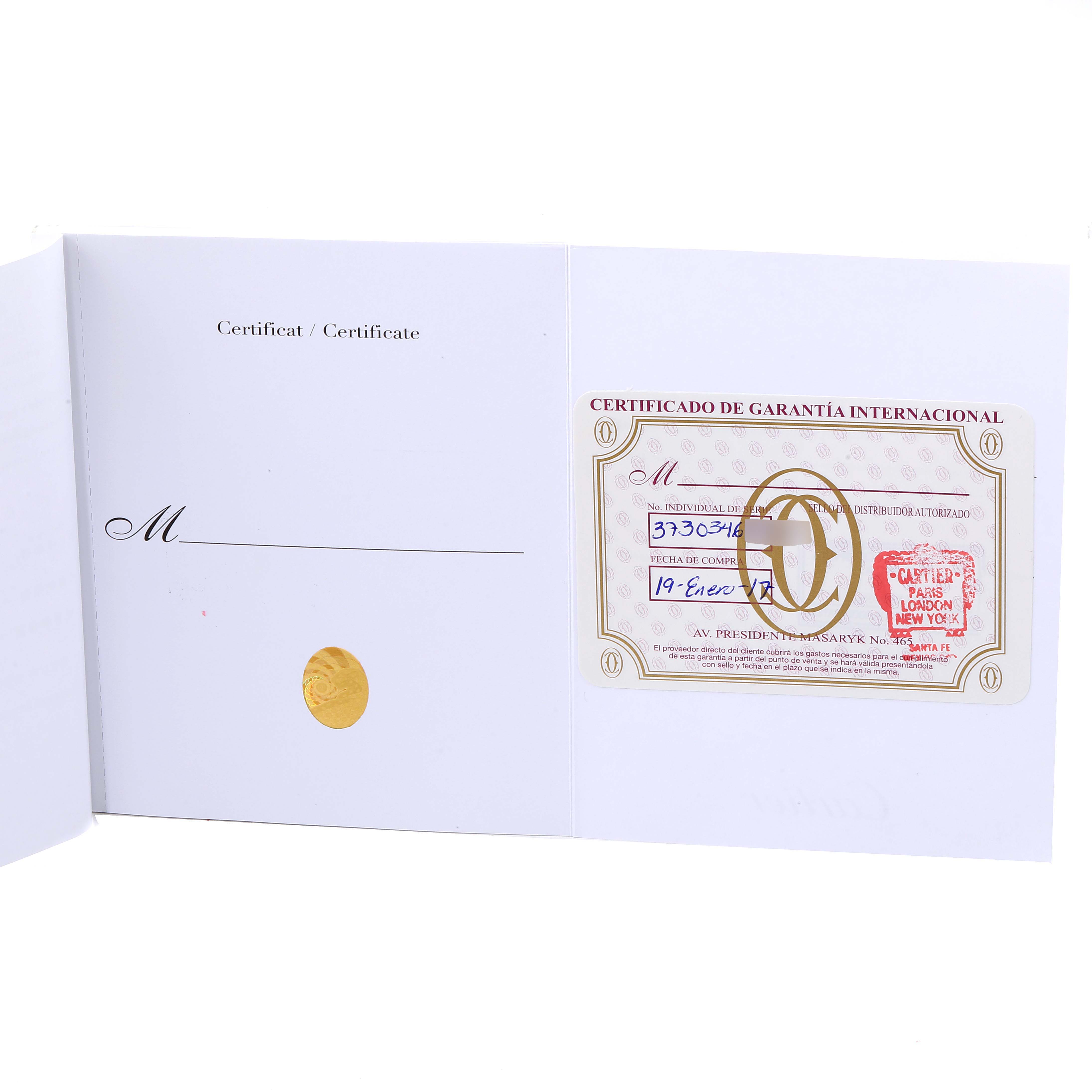 This image shows the Certificate of Authenticity and International Warranty for the Calibre de Cartier watch by Cartier.