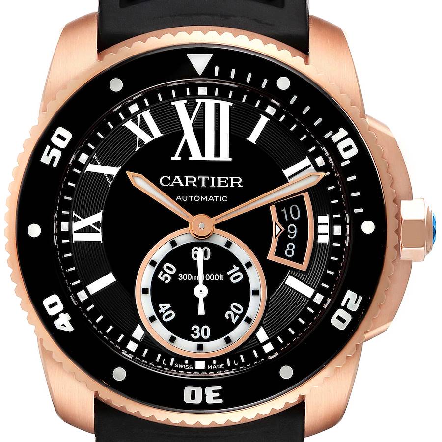Cartier Calibre Rose Gold Black Dial Diver Mens Watch W7100052 Box Papers SwissWatchExpo