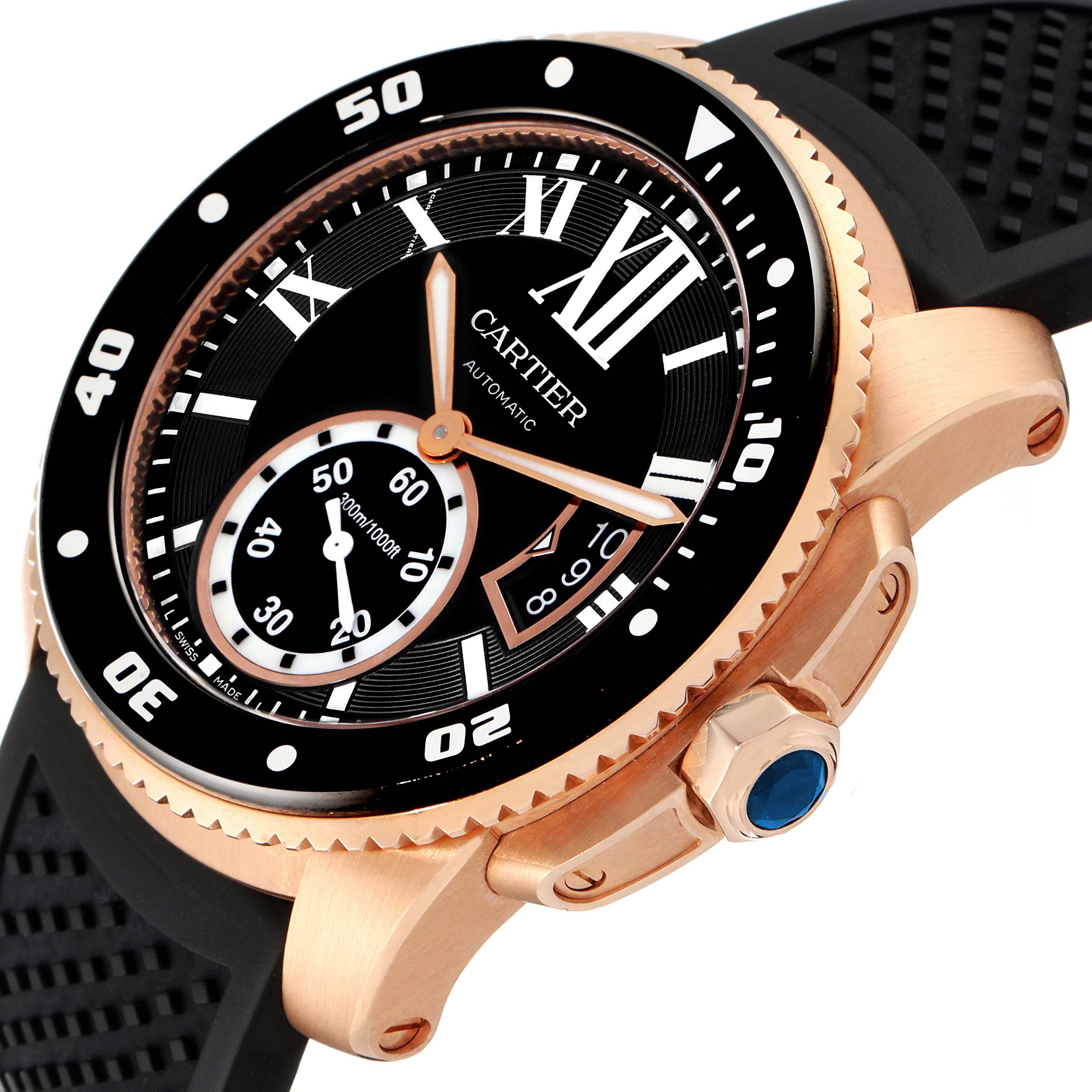 The image shows a close-up angle of a Calibre de Cartier watch by Cartier, highlighting the dial, bezel, and crown.