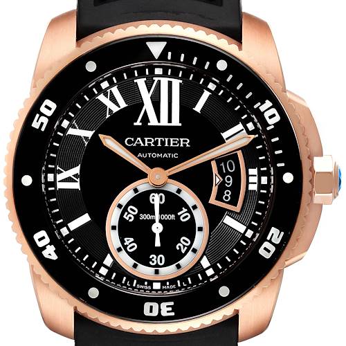 Photo of Cartier Calibre Rose Gold Black Dial Rubber Strap Mens Watch W7100052 Box Papers