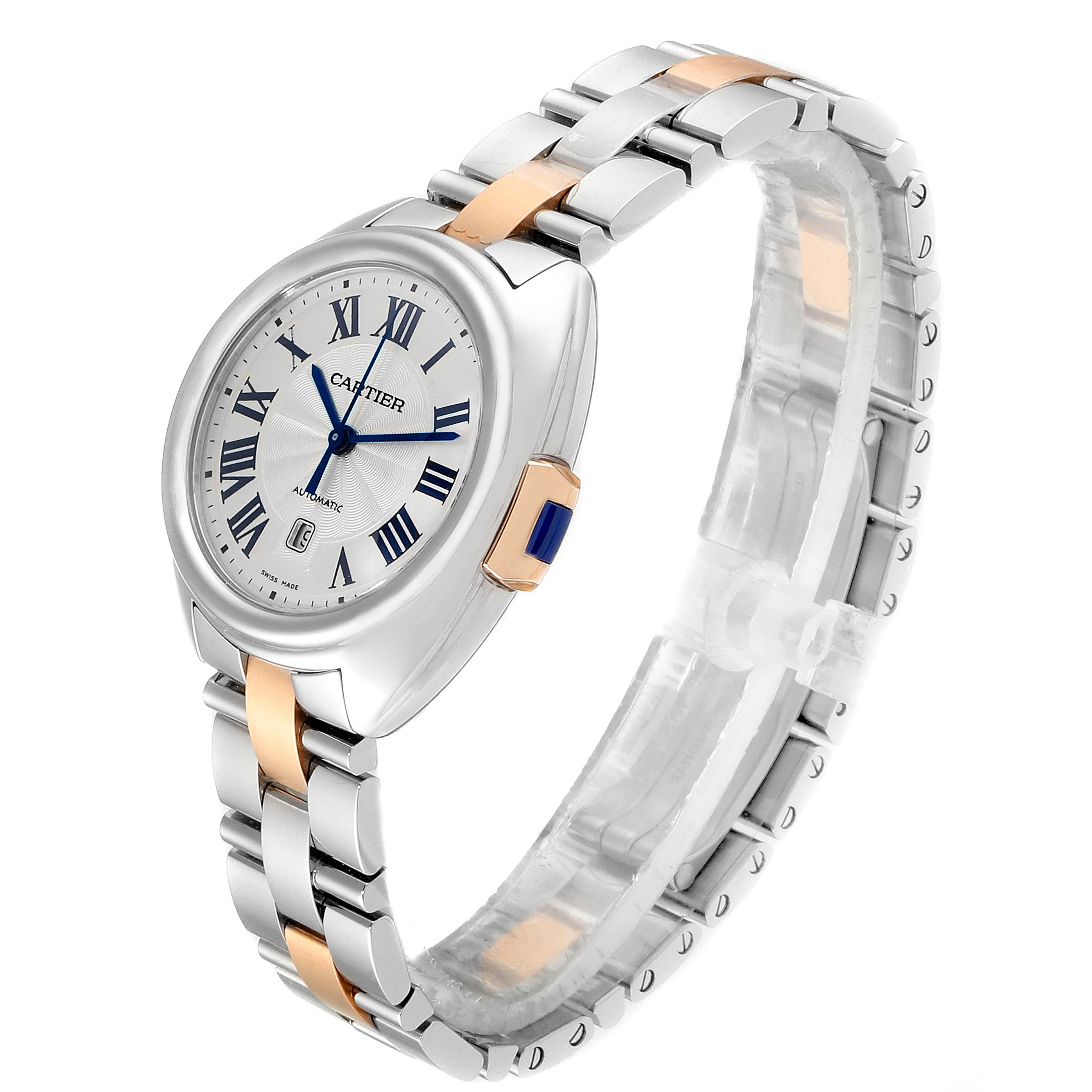 The image shows a Cartier Cle WSCL0005  Women's Stainless Steel Blue Dial WSCL0005  Women's Stainless Steel Blue Dial model watch at a slight side angle, highlighting its bracelet, dial, and crown.