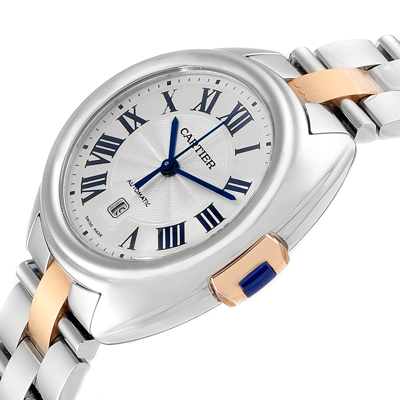 This is a side-angle view of the Cartier Clé model watch, showing the dial, crown, and part of the bracelet with two-tone coloring.