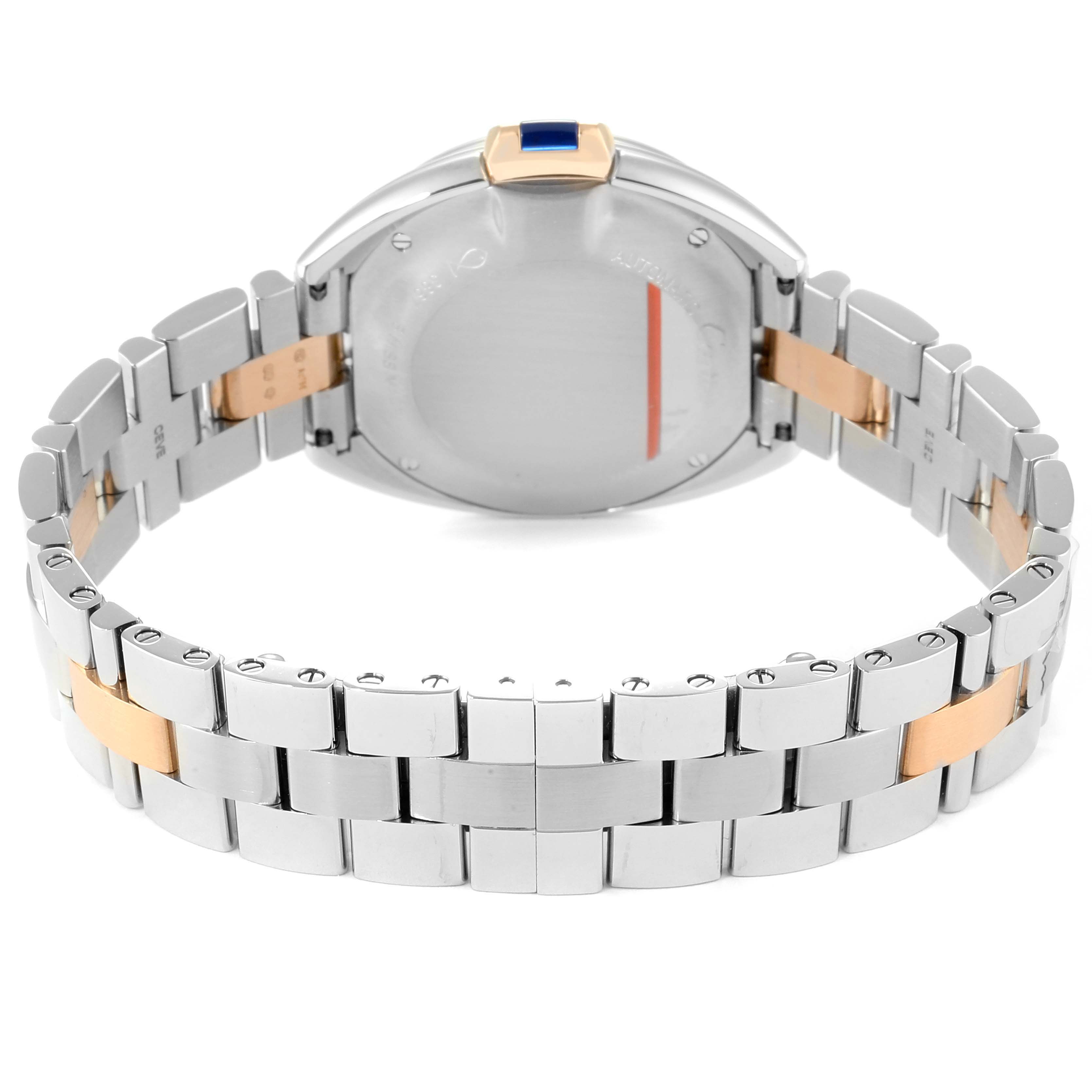 This is a rear view of the Cartier Cle WSCL0005  Women's Stainless Steel Blue Dial WSCL0005  Women's Stainless Steel Blue Dial model watch, showing the back case and bracelet in stainless steel and gold.