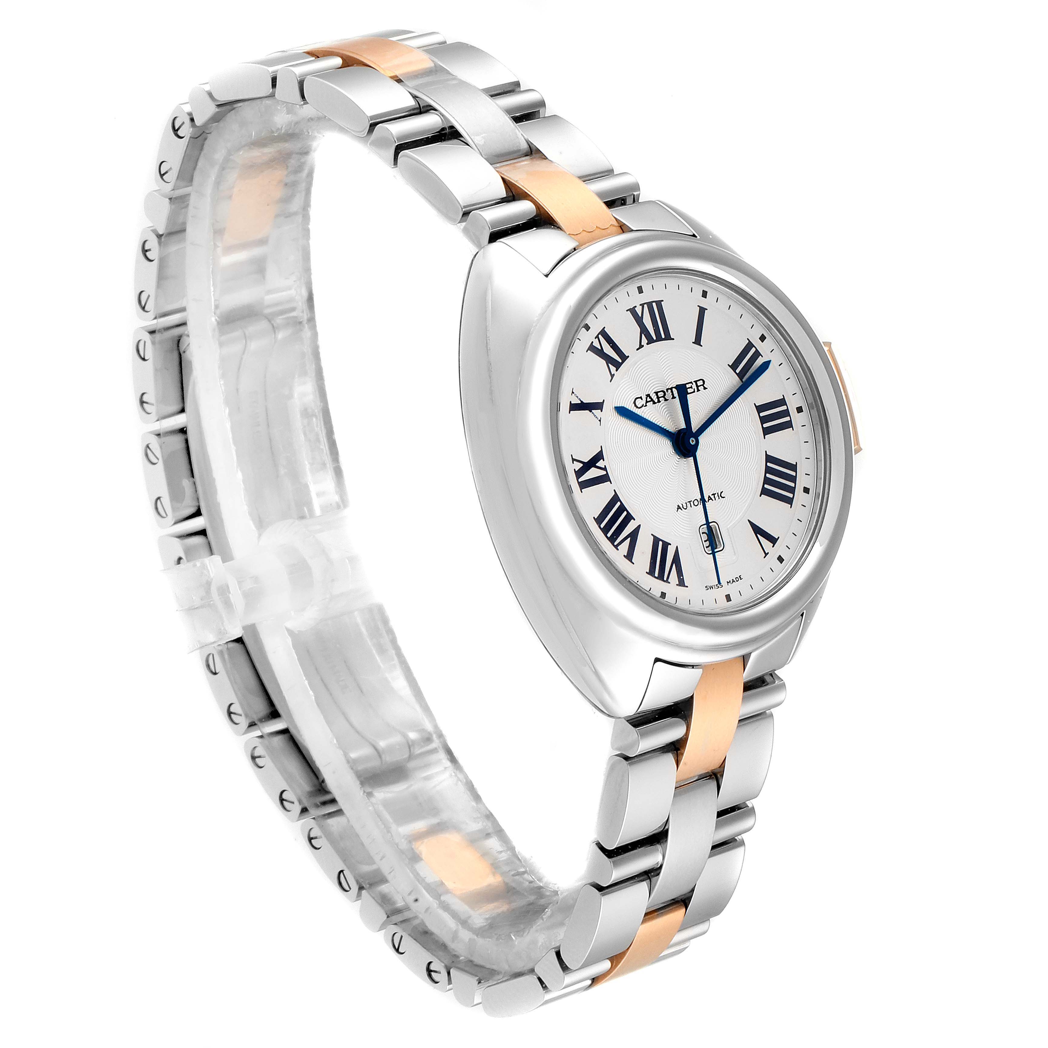 The image shows a side and front angle view of the Cle model by Cartier, featuring its watch face and two-tone bracelet.