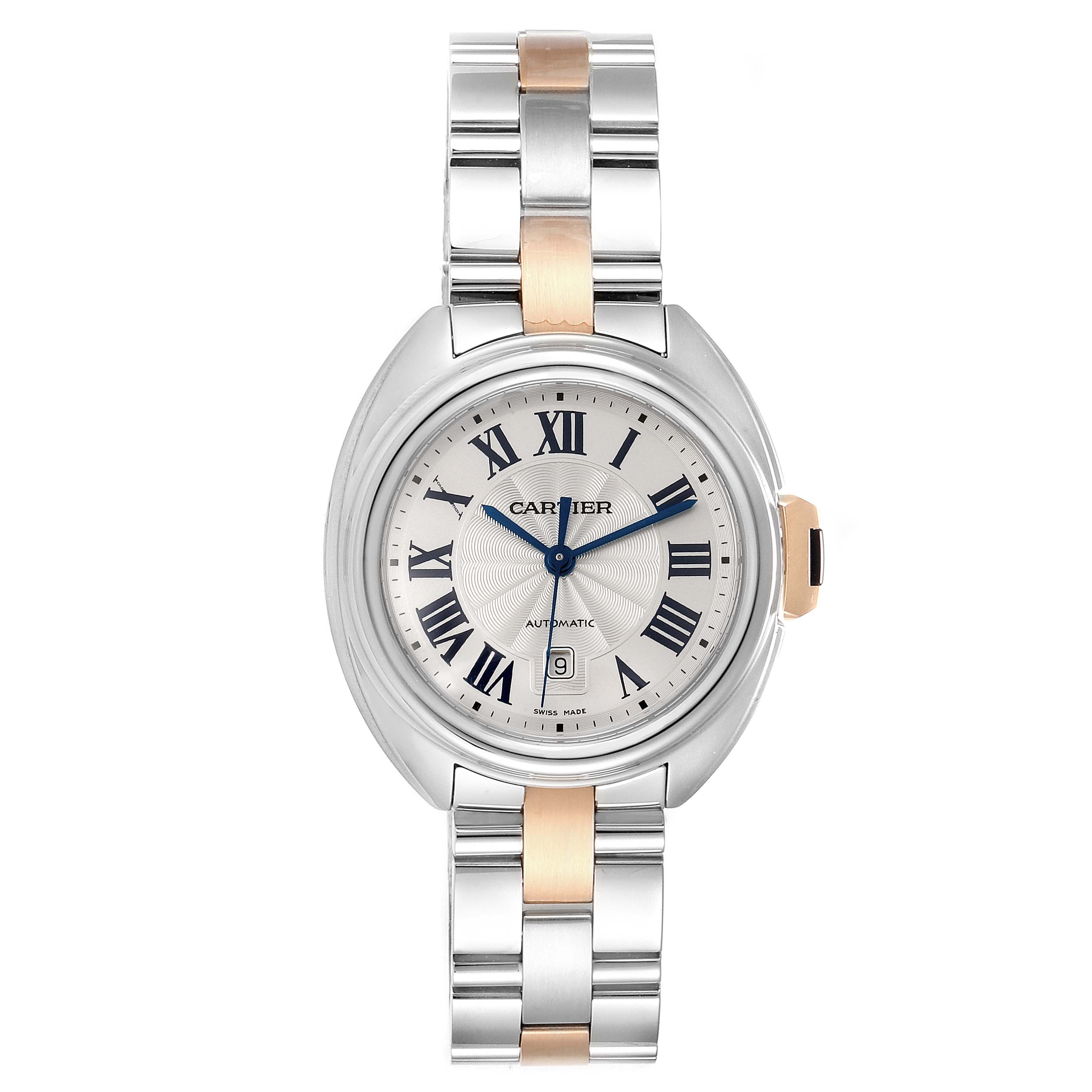 This image shows the front view of a Cartier Cle WSCL0005  Women's Stainless Steel Blue Dial WSCL0005  Women's Stainless Steel Blue Dial model watch, including the face, bezel, and bracelet.