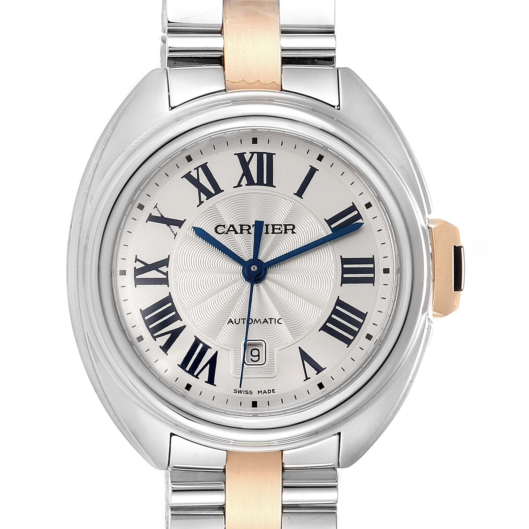 The image shows a Cartier Cle WSCL0005  Women's Stainless Steel Blue Dial WSCL0005  Women's Stainless Steel Blue Dial model watch from a front angle, displaying the dial, hour markers, and part of the bracelet.