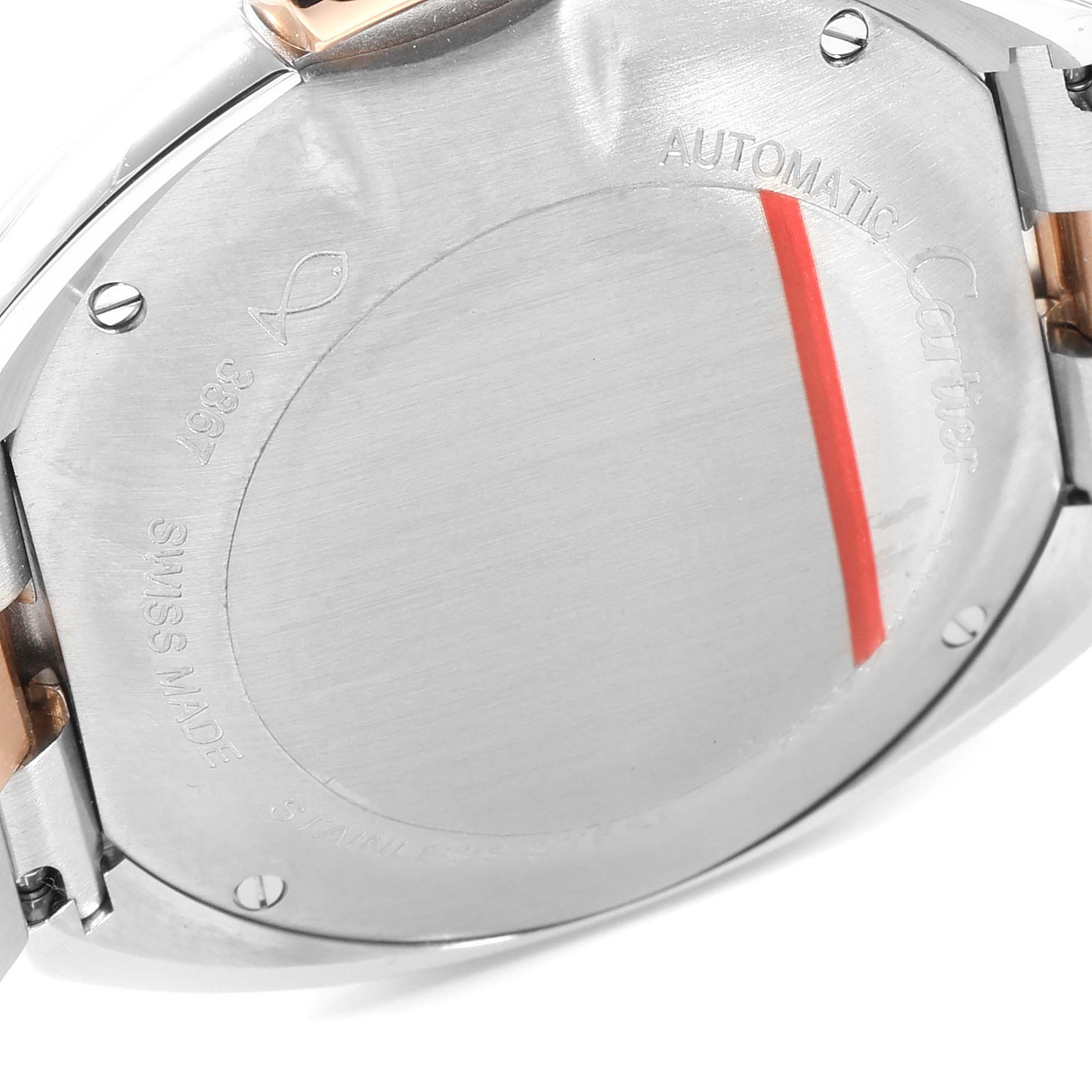 The image shows the back of a Cartier Cle WSCL0005  Women's Stainless Steel Blue Dial WSCL0005  Women's Stainless Steel Blue Dial model watch, highlighting its stainless steel back and "Automatic" marking.