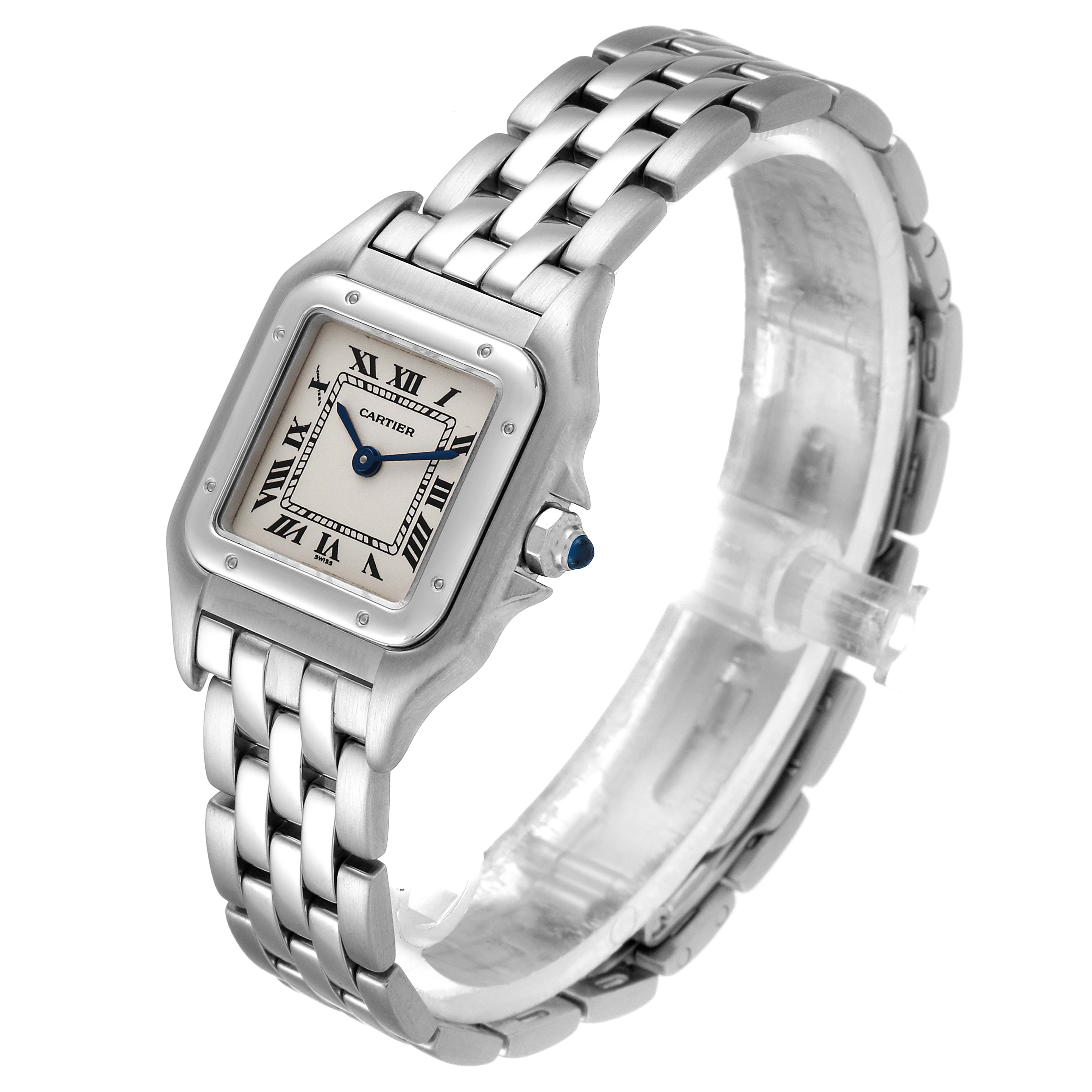 The image shows a Cartier Panthere W25033P5 Women
s Stainless Steel Silver Dial W25033P5 Women
s Stainless Steel Silver Dial watch at a slight angle, highlighting its square face, Roman numerals, and metal bracelet.