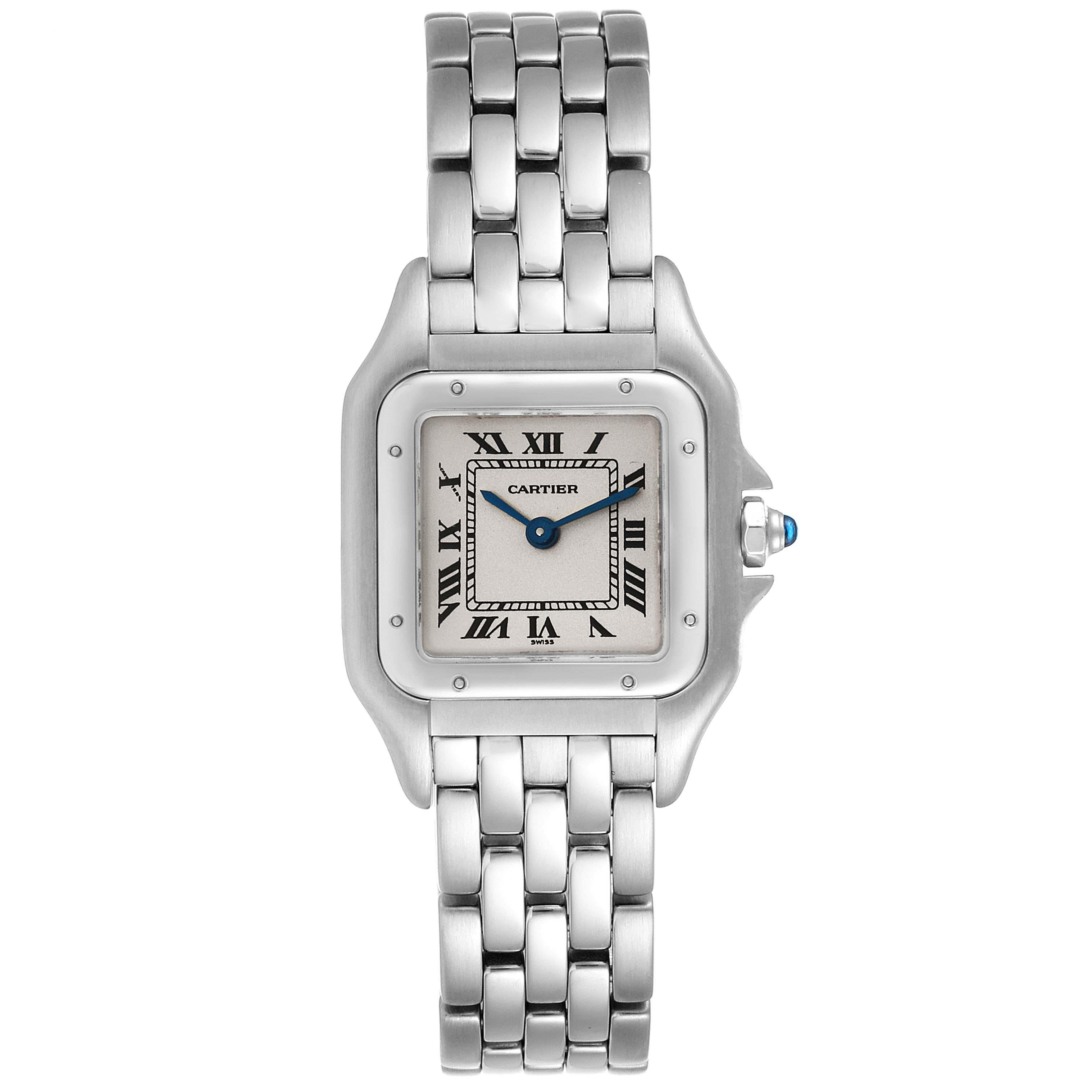 This image shows a front view of the Cartier Panthere W25033P5 Women
s Stainless Steel Silver Dial W25033P5 Women
s Stainless Steel Silver Dial model watch, displaying its face, bezel, and bracelet.