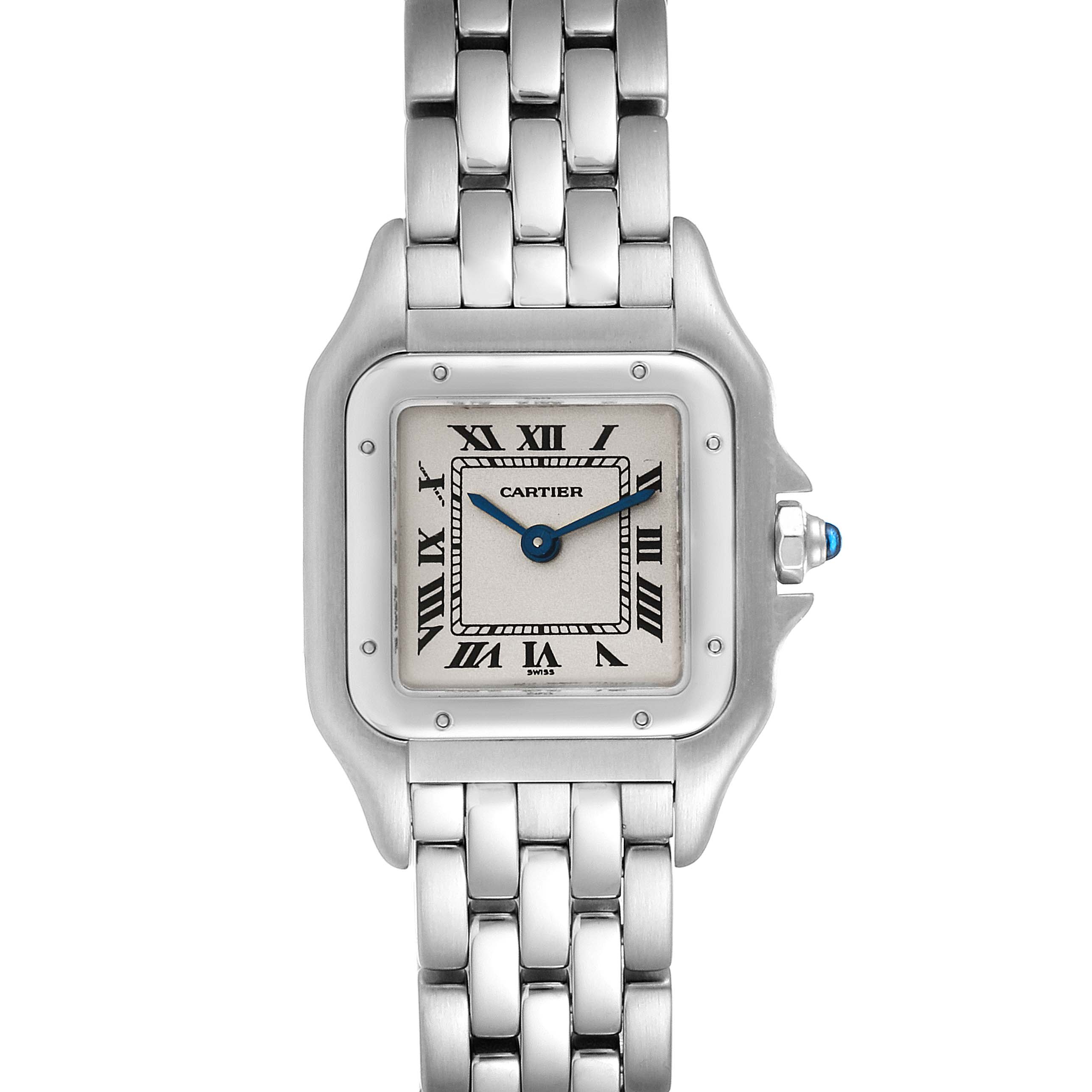 This image shows a front view of a Cartier Panthère watch, highlighting its face, Roman numerals, and stainless steel bracelet.