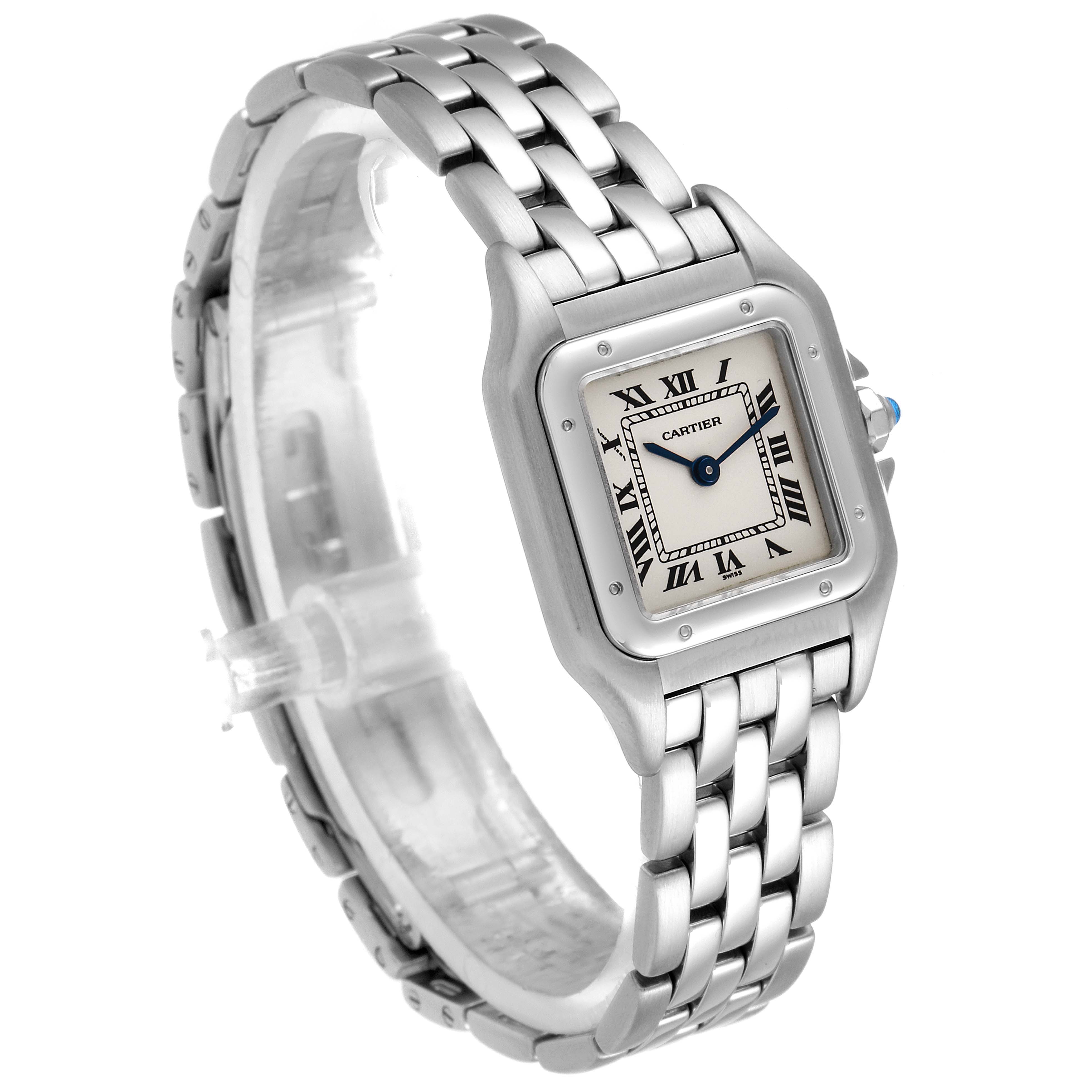 The image shows a Cartier Panthere W25033P5 Women
s Stainless Steel Silver Dial W25033P5 Women
s Stainless Steel Silver Dial watch at a three-quarter angle, displaying the face, bezel, and bracelet.