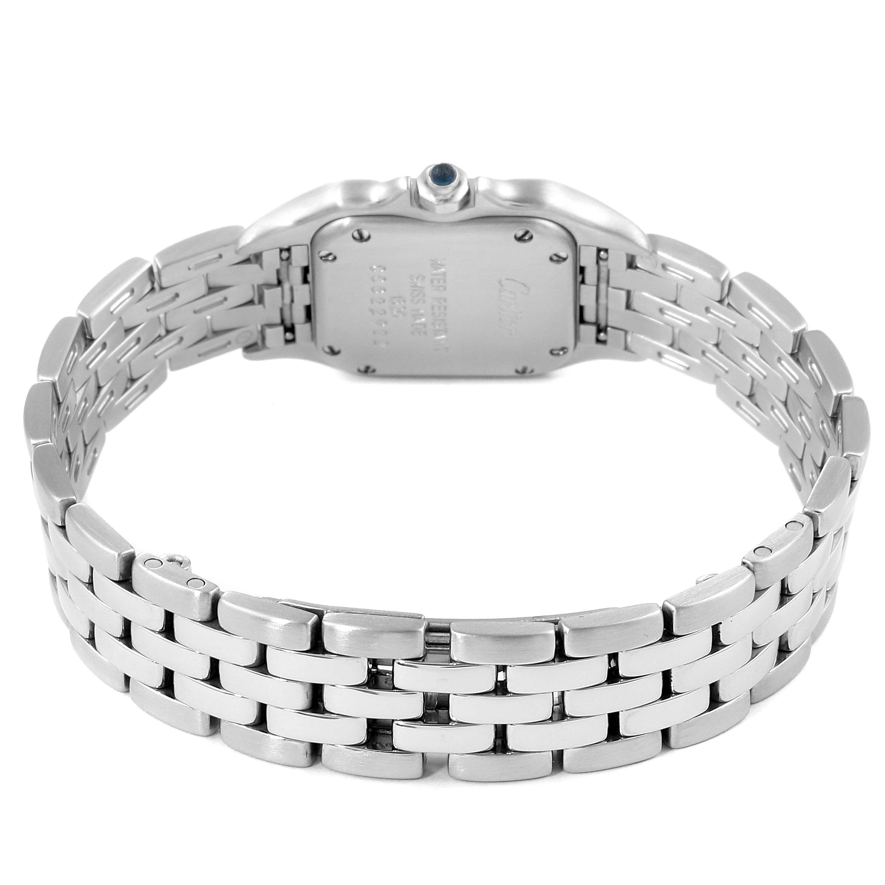 The image shows the back view of the Cartier Panthere W25033P5 Women
s Stainless Steel Silver Dial W25033P5 Women
s Stainless Steel Silver Dial watch, highlighting the case back and stainless steel bracelet.