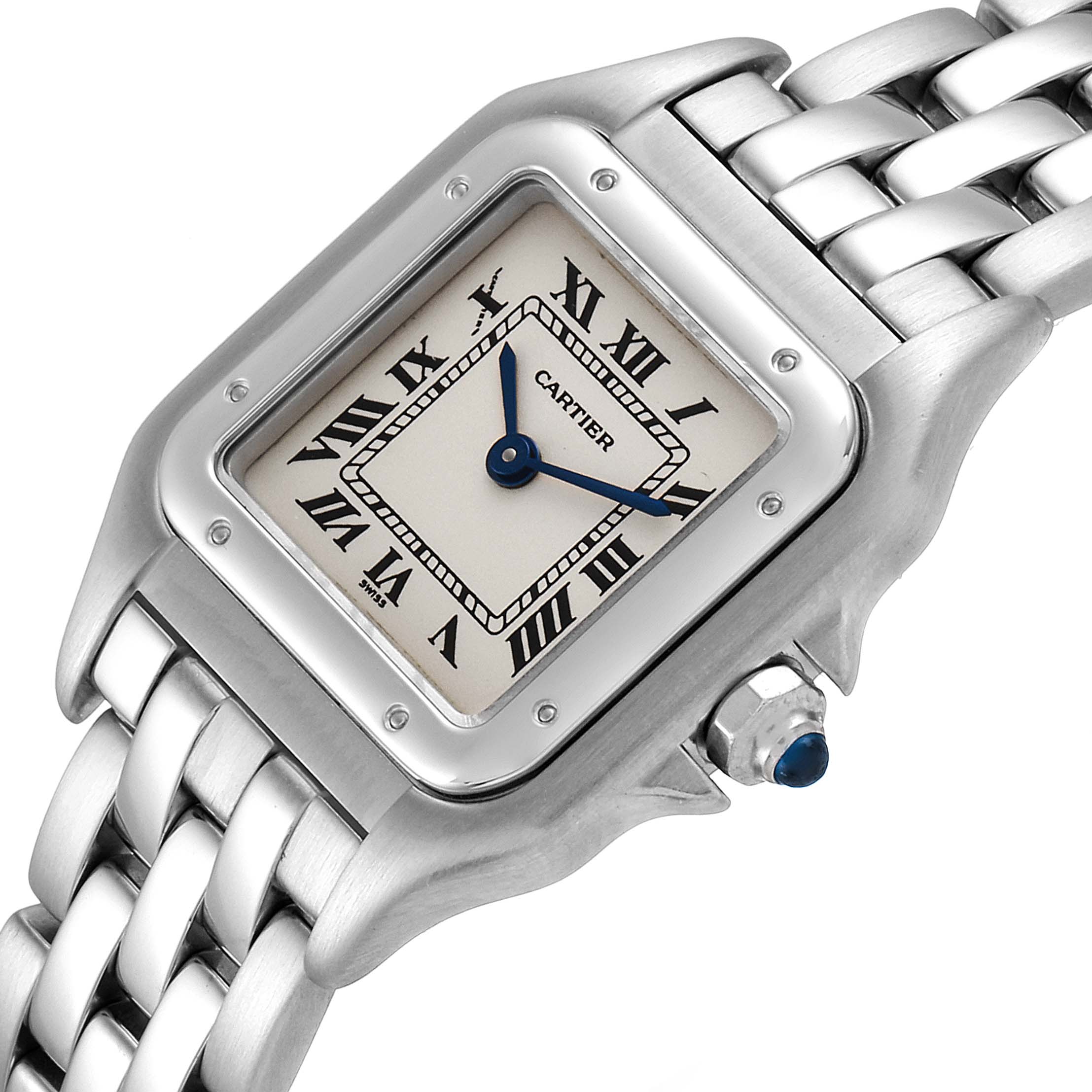 The image shows a close-up angle of the Cartier Panthere W25033P5 Women
s Stainless Steel Silver Dial W25033P5 Women
s Stainless Steel Silver Dial watch, highlighting the watch face, bezel, and bracelet.