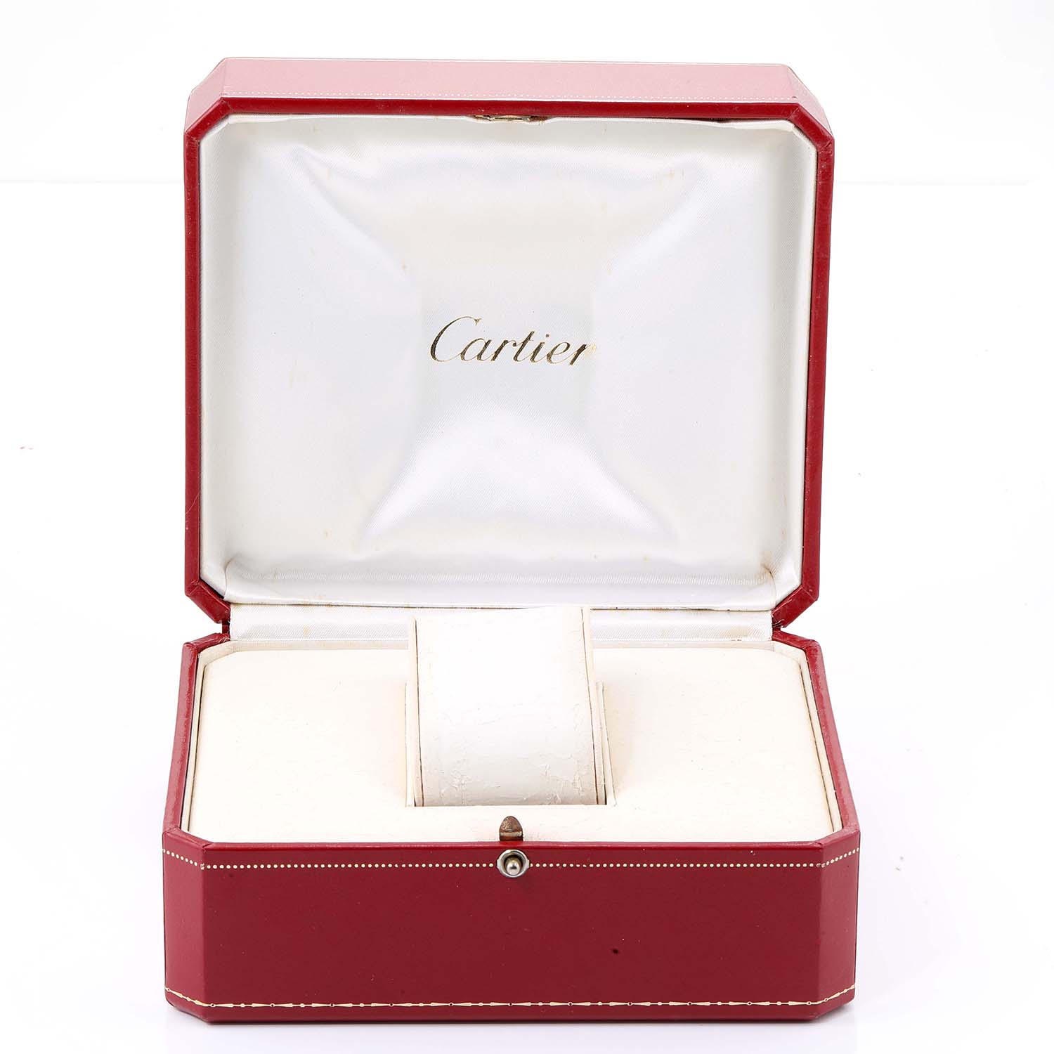 The image shows an open red Cartier W31058M7 Women
s Stainless Steel Pink Dial W31058M7 Women
s Stainless Steel Pink Dial box without the Pasha Big Date 35mm Pink Dial Steel Ladies Watch W31058M7 inside.