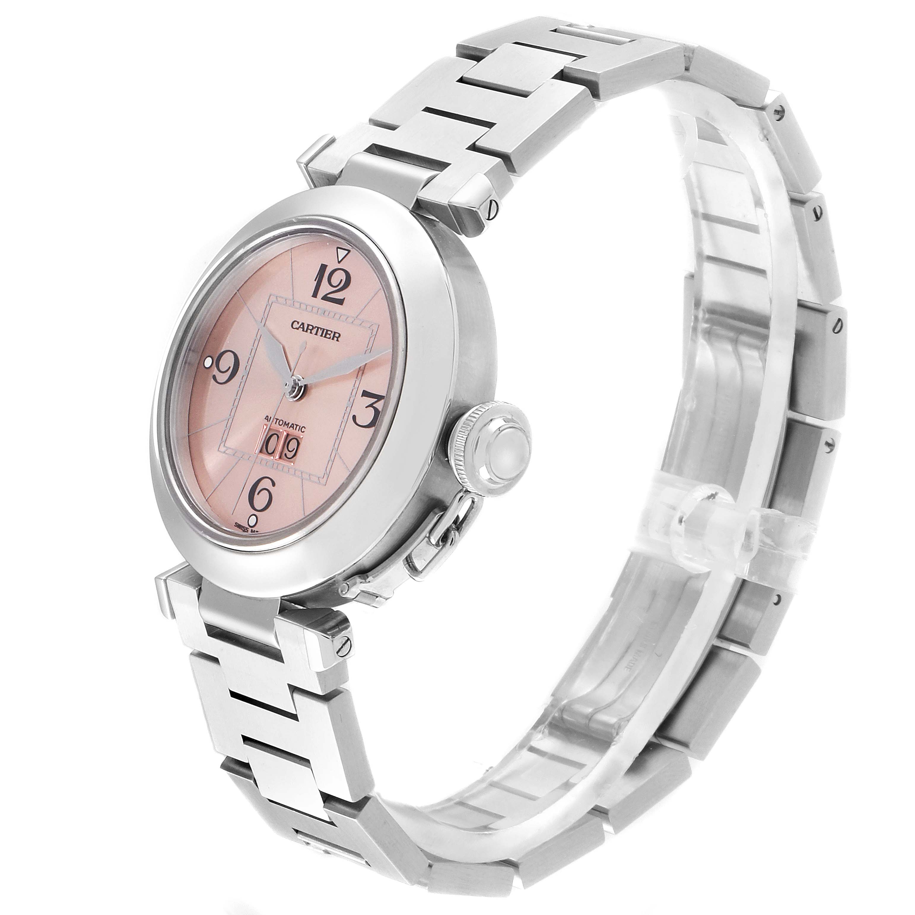 This Cartier W31058M7 Women
s Stainless Steel Pink Dial W31058M7 Women
s Stainless Steel Pink Dial Pasha Big Date 35mm W31058M7 watch is shown at an angle displaying the face, pink dial, and part of the stainless steel bracelet.