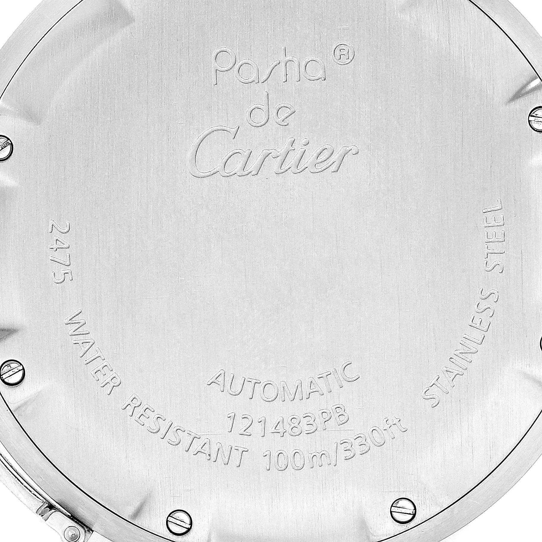 The image shows the back case of the Cartier W31058M7 Women
s Stainless Steel Pink Dial W31058M7 Women
s Stainless Steel Pink Dial Pasha Big Date 35mm Pink Dial Steel Ladies Watch W31058M7.
