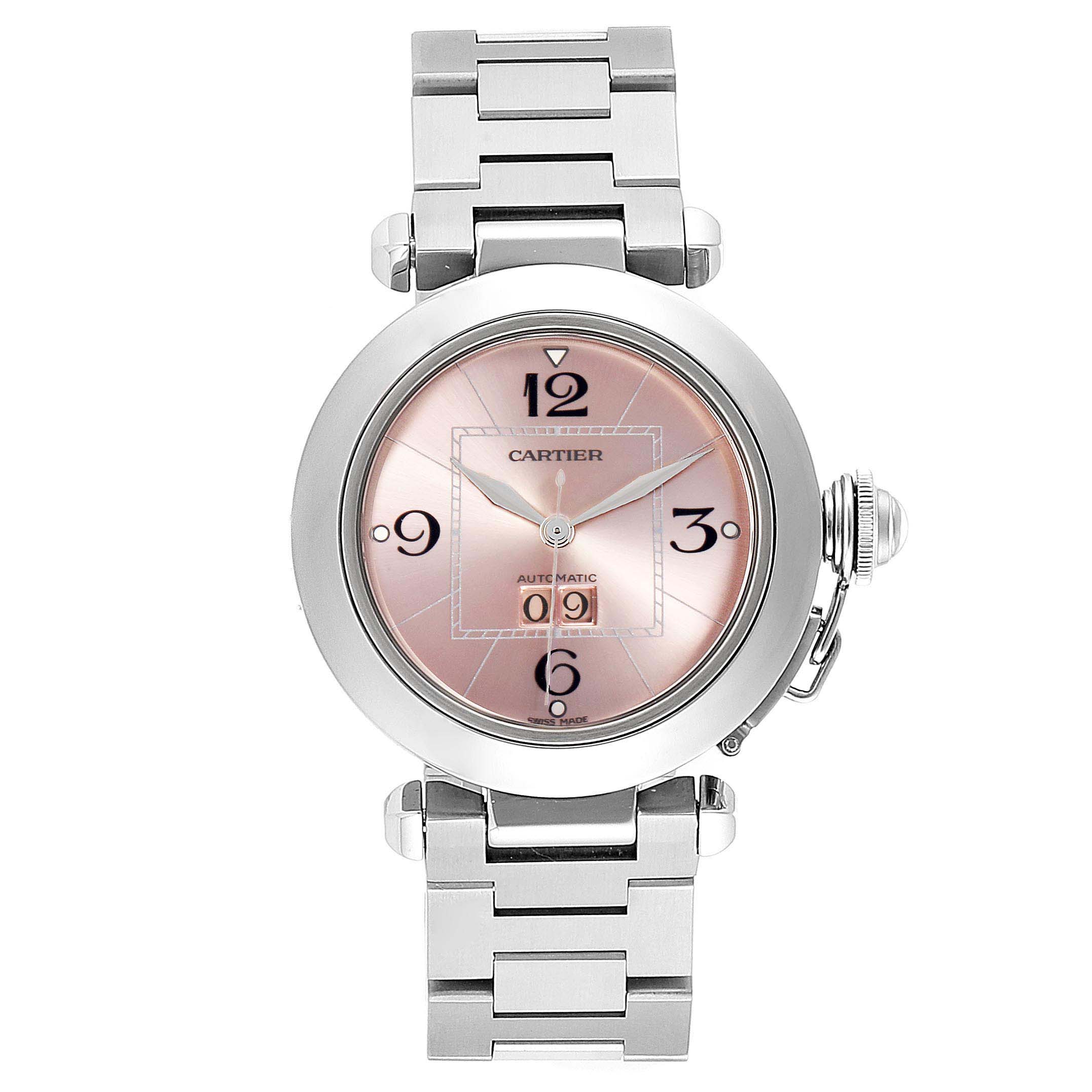 The image shows a front view of the Cartier W31058M7 Women
s Stainless Steel Pink Dial W31058M7 Women
s Stainless Steel Pink Dial Pasha Big Date 35mm Pink Dial Steel Ladies Watch W31058M7 with its bracelet.