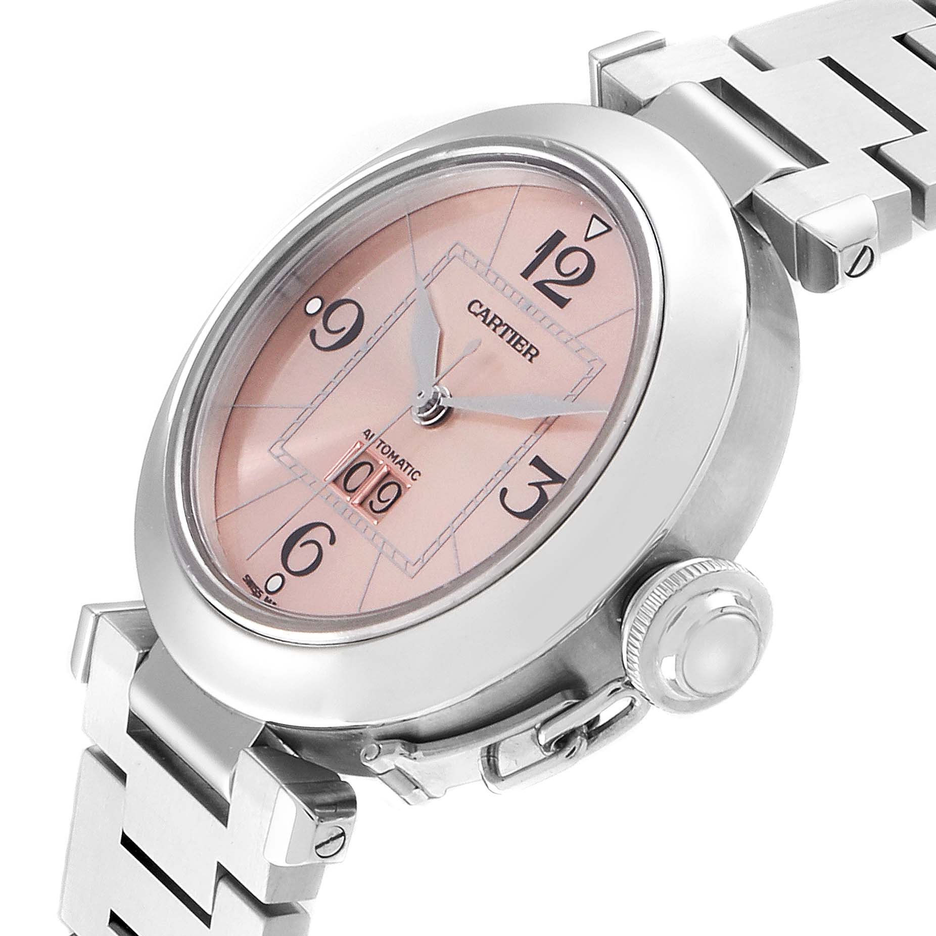 The image shows a side angle of the Cartier W31058M7 Women
s Stainless Steel Pink Dial W31058M7 Women
s Stainless Steel Pink Dial Pasha Big Date 35mm Pink Dial Steel Ladies Watch W31058M7, highlighting the dial, crown, and bracelet.