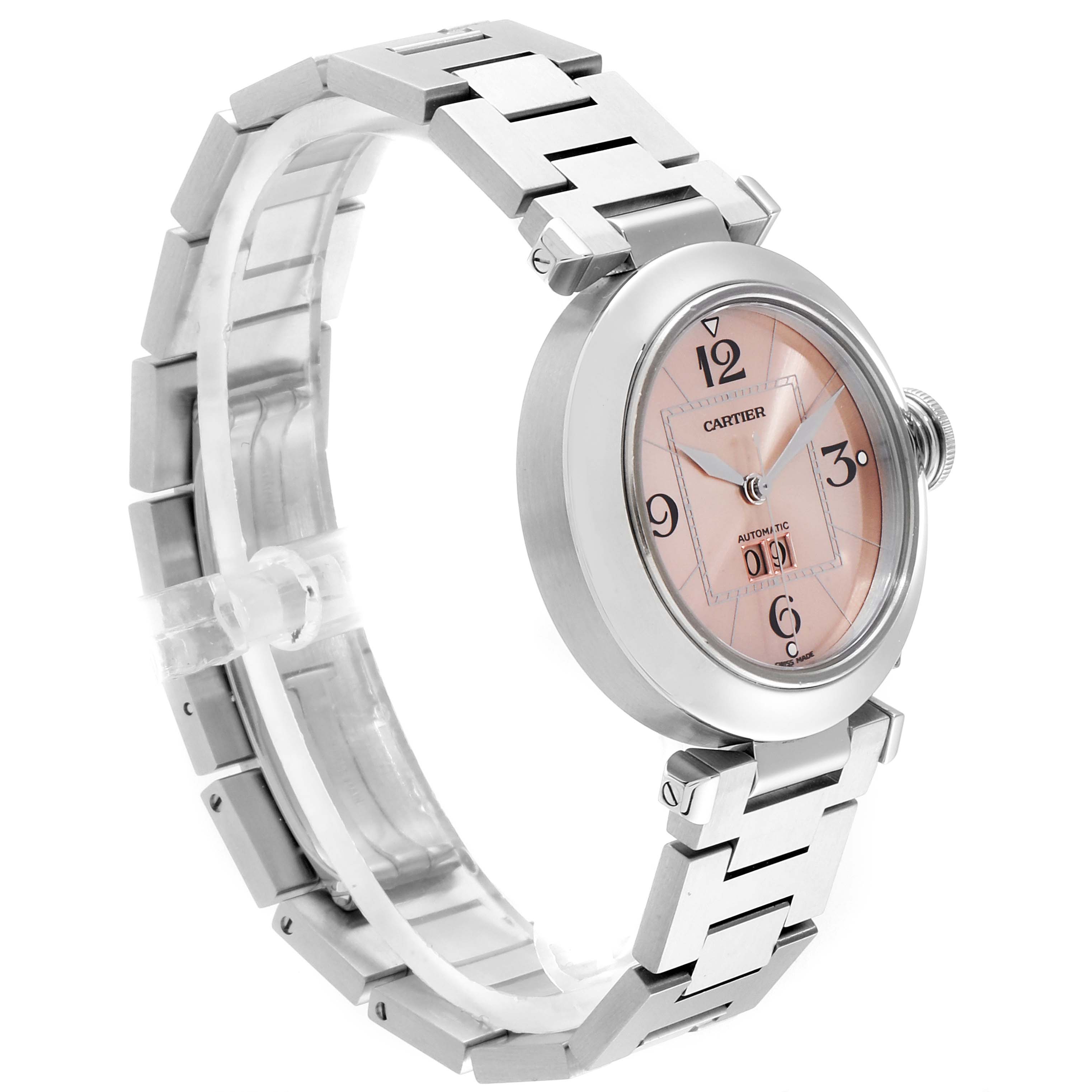 The image shows a side view of the Cartier W31058M7 Women
s Stainless Steel Pink Dial W31058M7 Women
s Stainless Steel Pink Dial Pasha Big Date 35mm Pink Dial Steel Ladies Watch W31058M7, displaying the strap and dial.