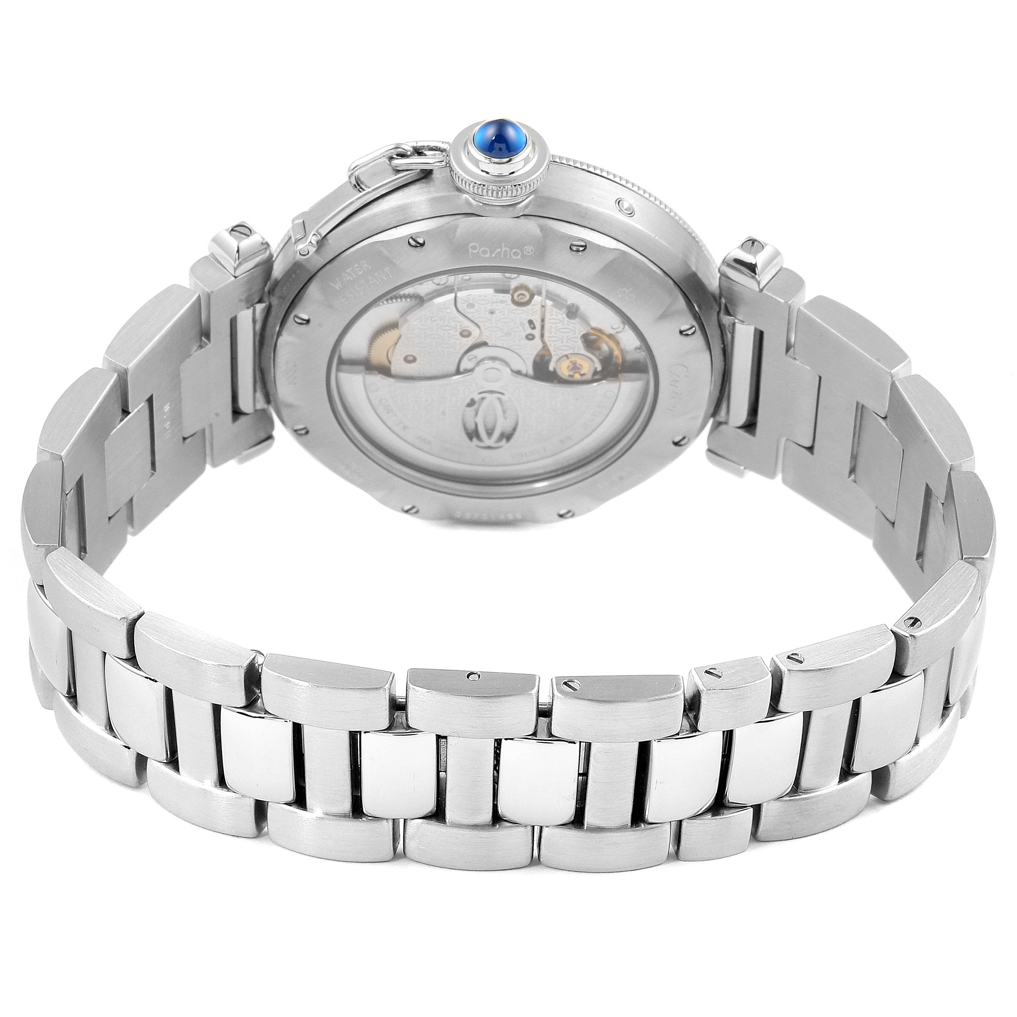 This Cartier Pasha W31037H3 Men
s Stainless Steel Silver Dial W31037H3 Men
s Stainless Steel Silver Dial watch is shown from the back, displaying the rear case and part of the metallic bracelet.