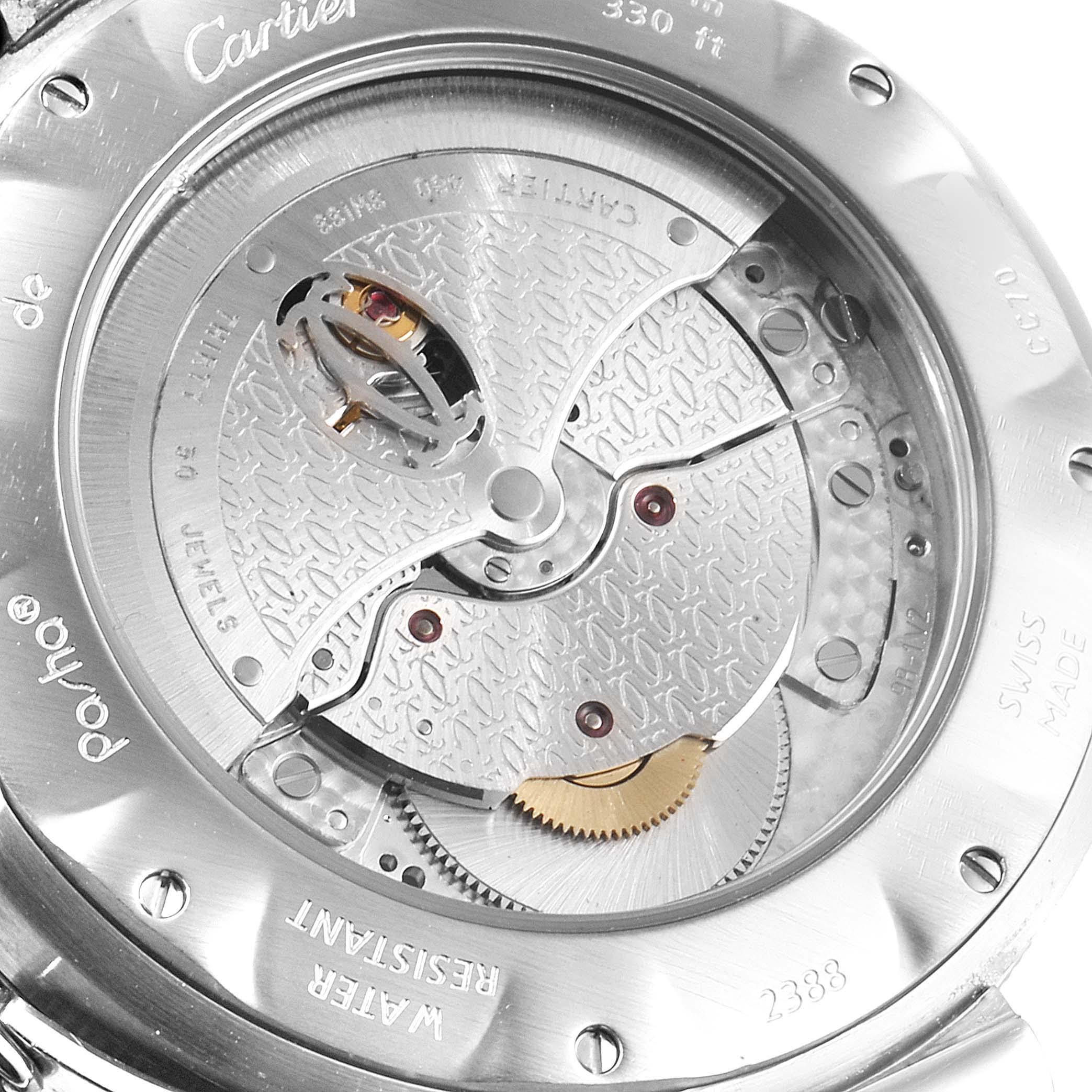 The image shows the back view of a Cartier Pasha W31037H3 Men
s Stainless Steel Silver Dial W31037H3 Men
s Stainless Steel Silver Dial watch, highlighting its internal mechanism.