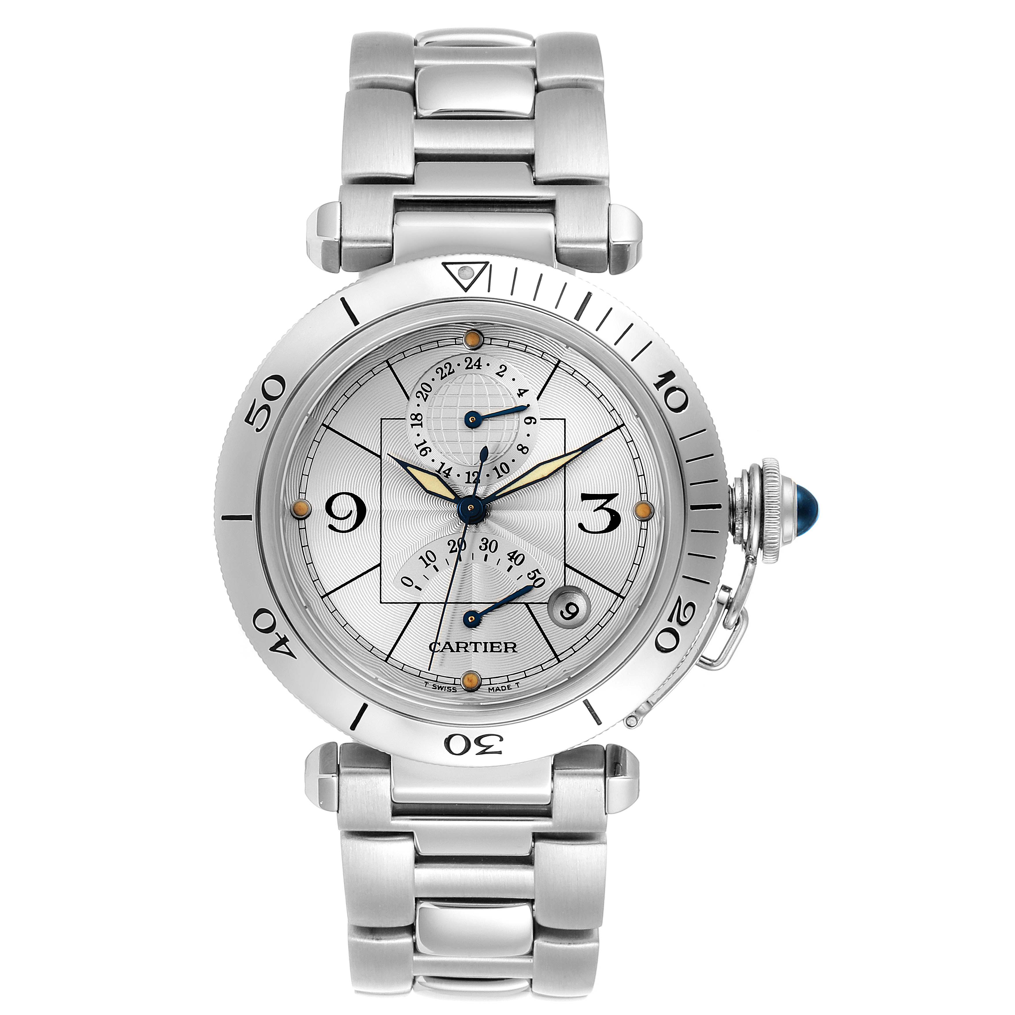 This image shows a full front view of the Cartier Pasha W31037H3 Men
s Stainless Steel Silver Dial W31037H3 Men
s Stainless Steel Silver Dial watch, featuring its dial, bezel, crown, and bracelet.