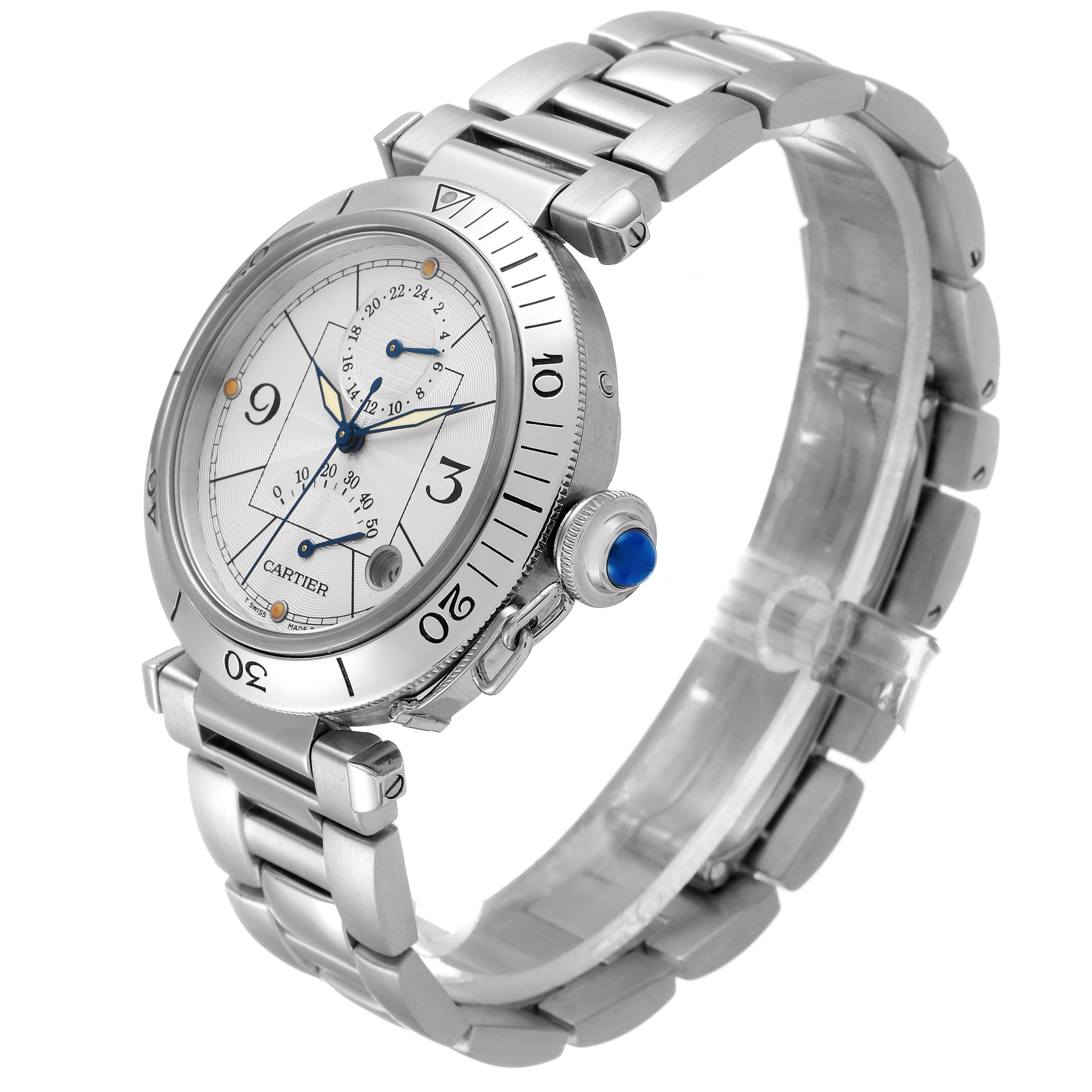 This image shows a three-quarter view of the Cartier Pasha W31037H3 Men
s Stainless Steel Silver Dial W31037H3 Men
s Stainless Steel Silver Dial watch, highlighting its dial, bezel, crown, and metal bracelet.