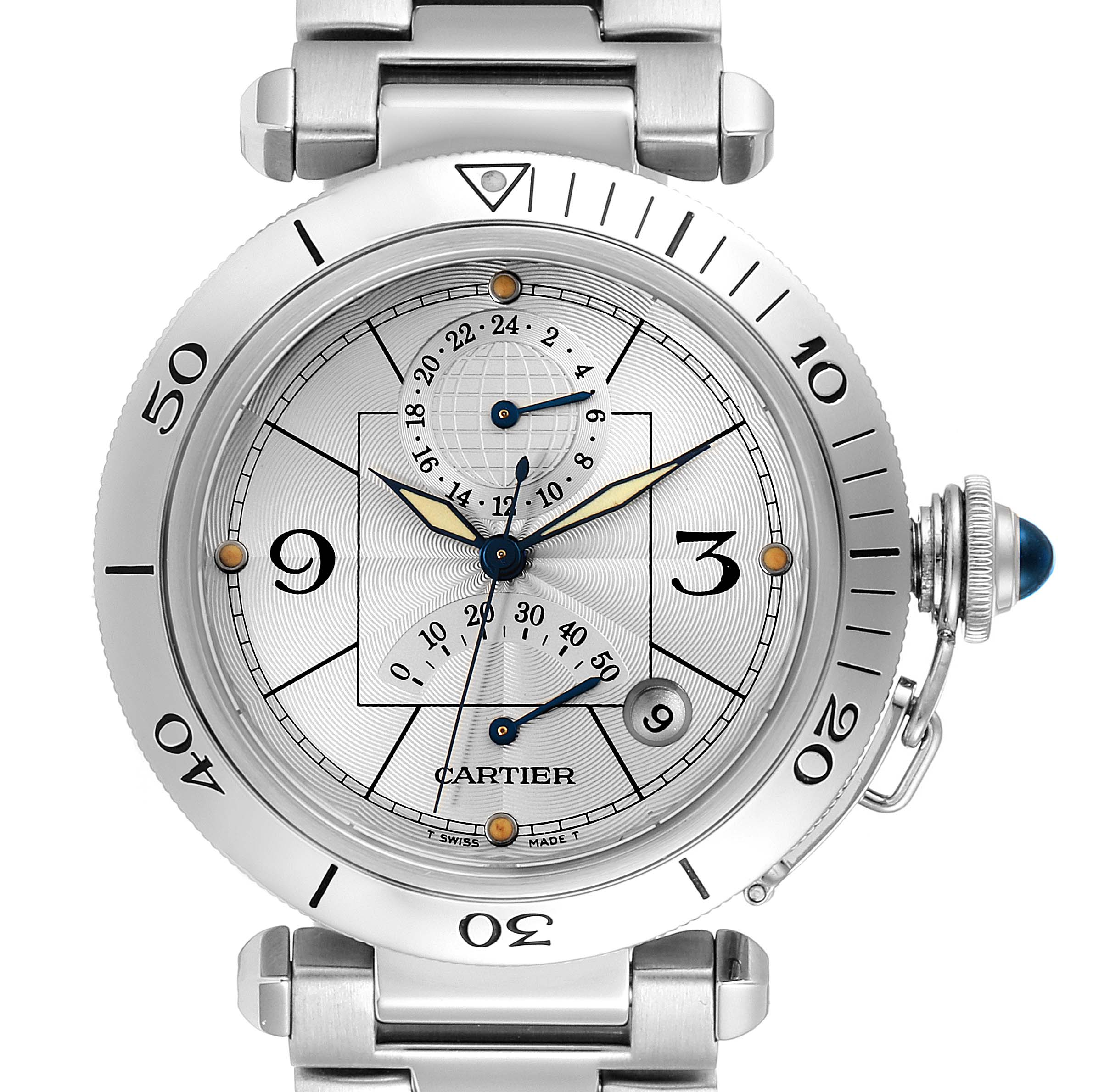 The image shows a close-up of the face of the Pasha model by Cartier, highlighting its dial, hands, and distinctive crown.