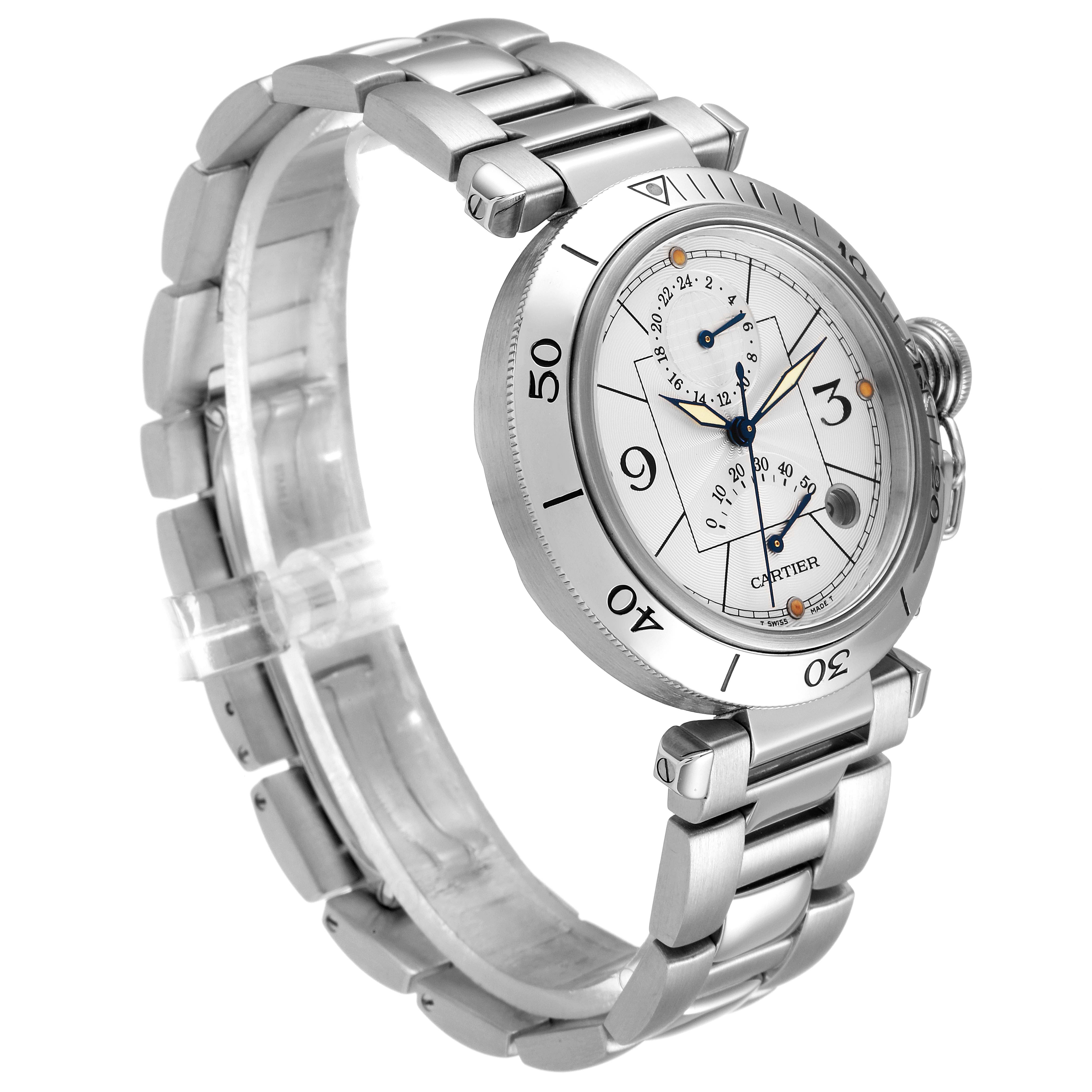 The image shows a Cartier Pasha W31037H3 Men
s Stainless Steel Silver Dial W31037H3 Men
s Stainless Steel Silver Dial watch from a side angle, highlighting its metal bracelet, bezel, and dial.