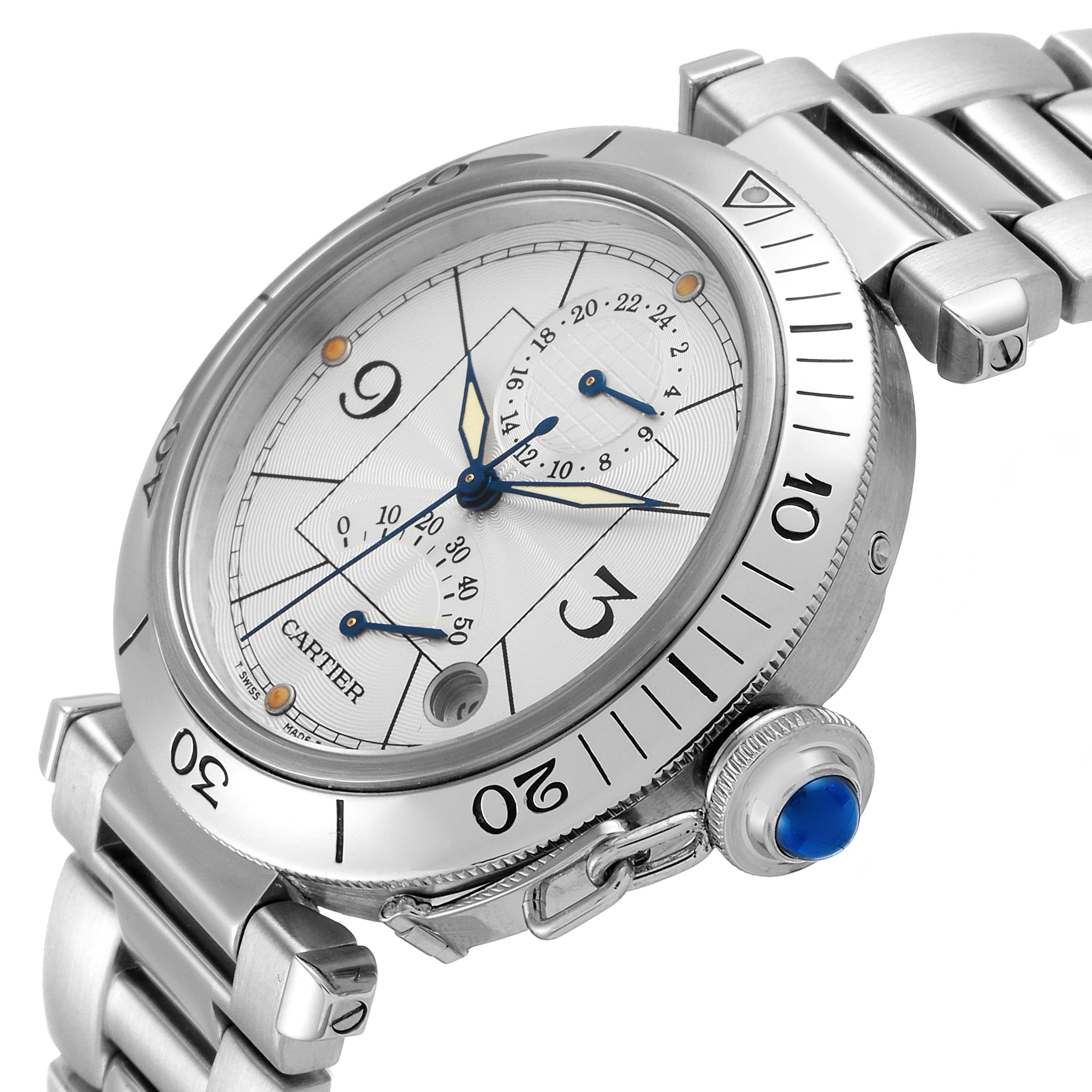 The image shows a close-up angle of the Cartier Pasha W31037H3 Men
s Stainless Steel Silver Dial W31037H3 Men
s Stainless Steel Silver Dial watch, highlighting the dial, bezel, crown, and part of the metal bracelet.