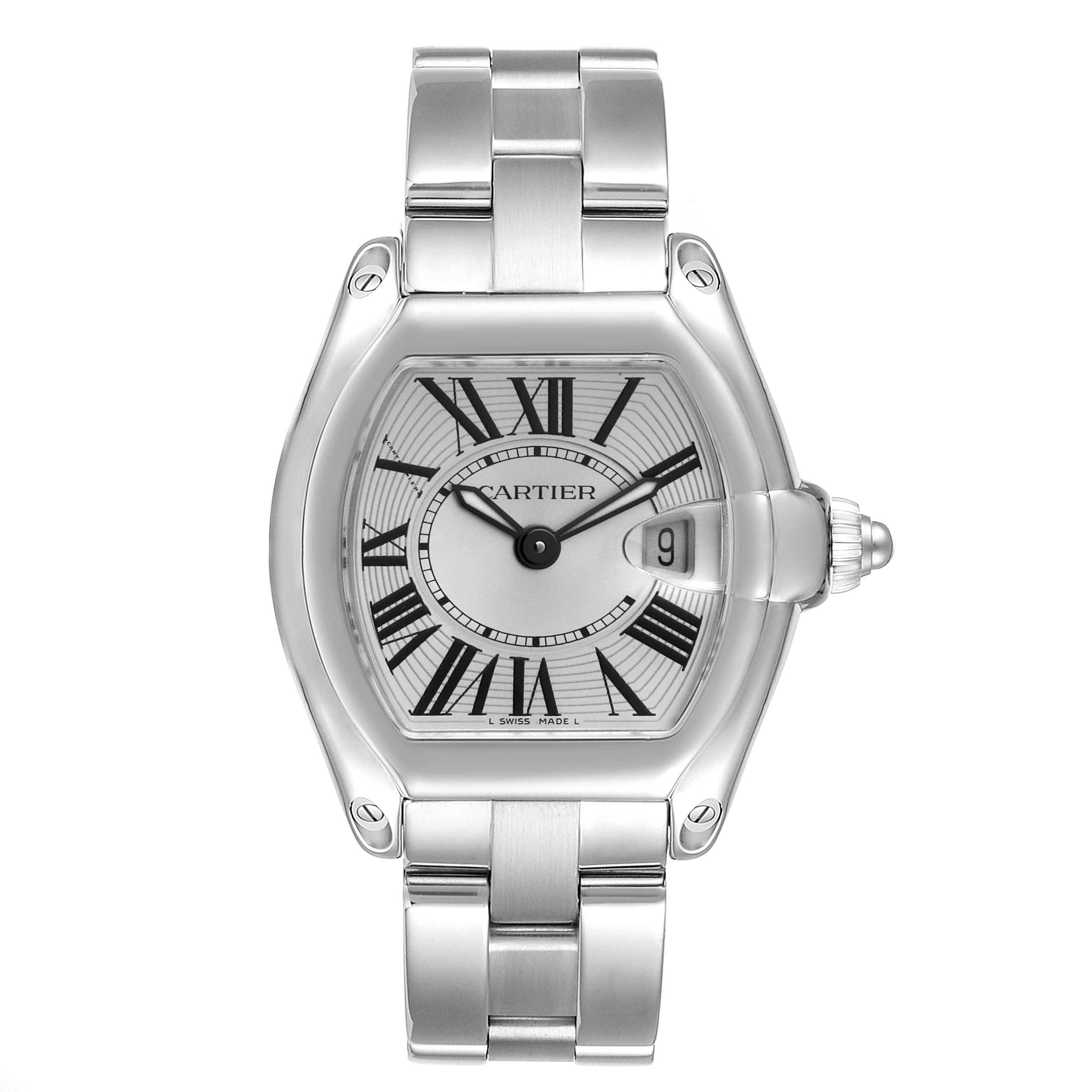 The image shows a front view of a Cartier Roadster W62016V3 Women's Stainless Steel Silver Dial W62016V3 Women's Stainless Steel Silver Dial watch, displaying its face, bracelet, and case details.