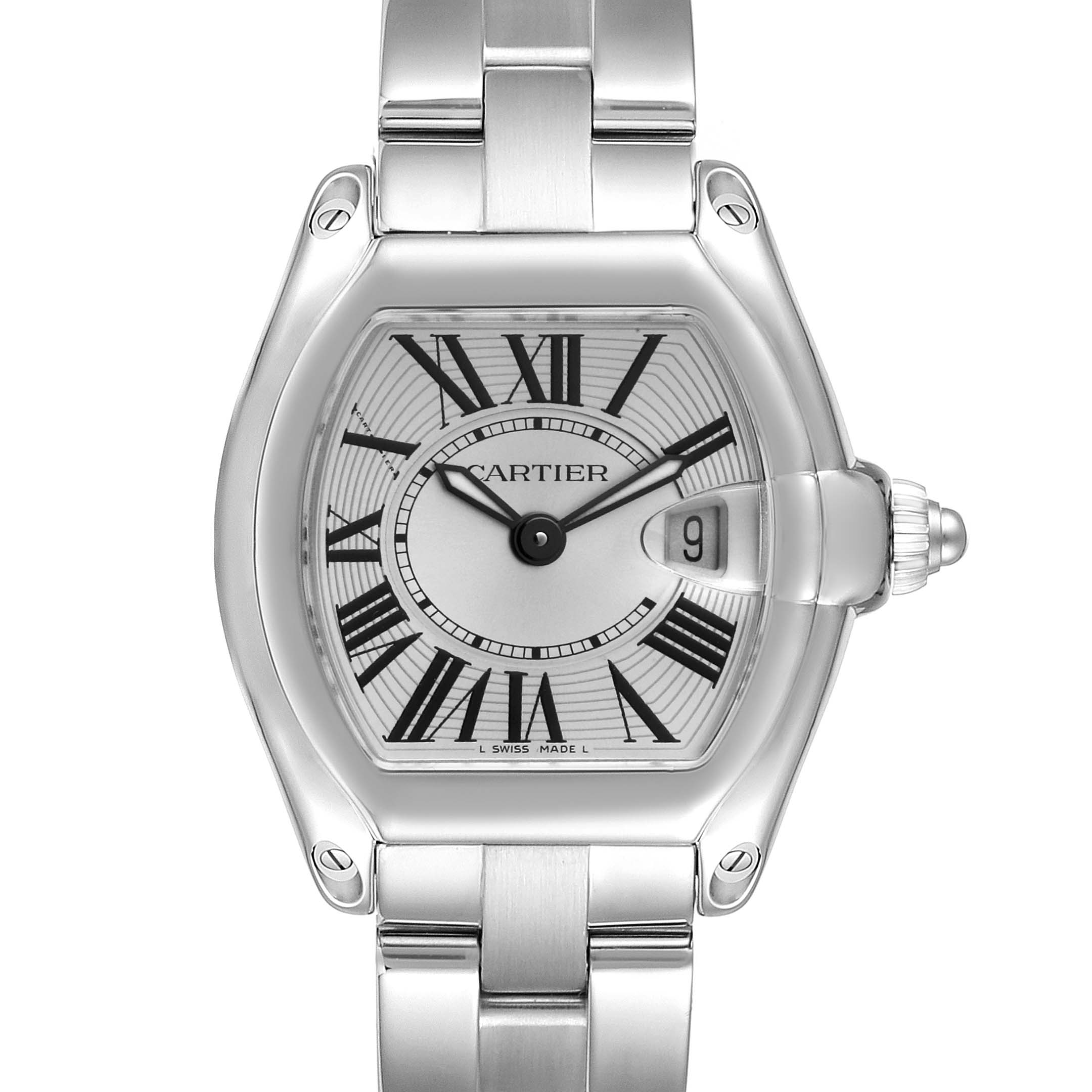 This image shows a Cartier Roadster W62016V3 Women's Stainless Steel Silver Dial W62016V3 Women's Stainless Steel Silver Dial watch viewed from the front, highlighting its dial, hands, and bracelet.