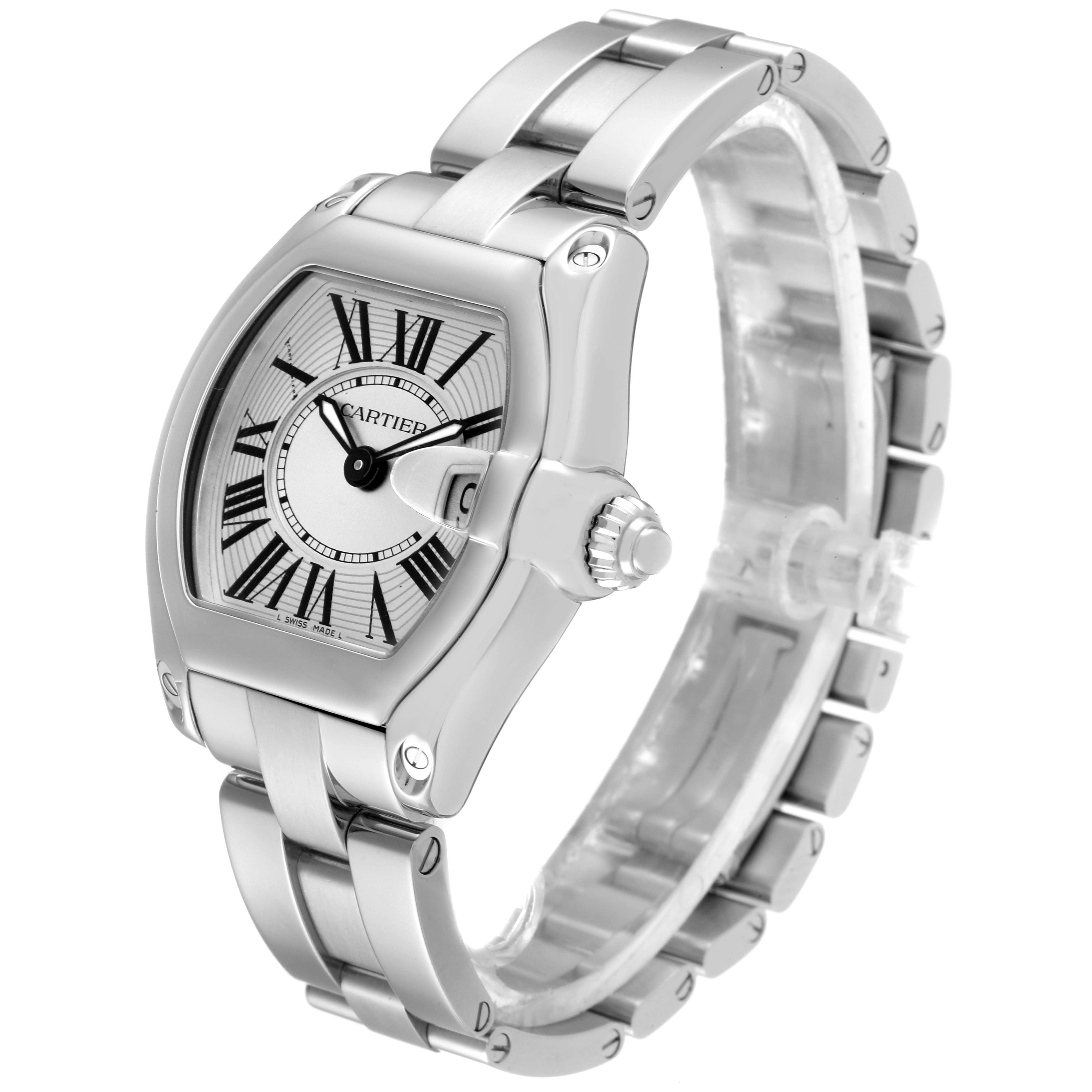 The image shows a Cartier Roadster W62016V3 Women's Stainless Steel Silver Dial W62016V3 Women's Stainless Steel Silver Dial watch, angled to display the face, bezel, and part of the bracelet.