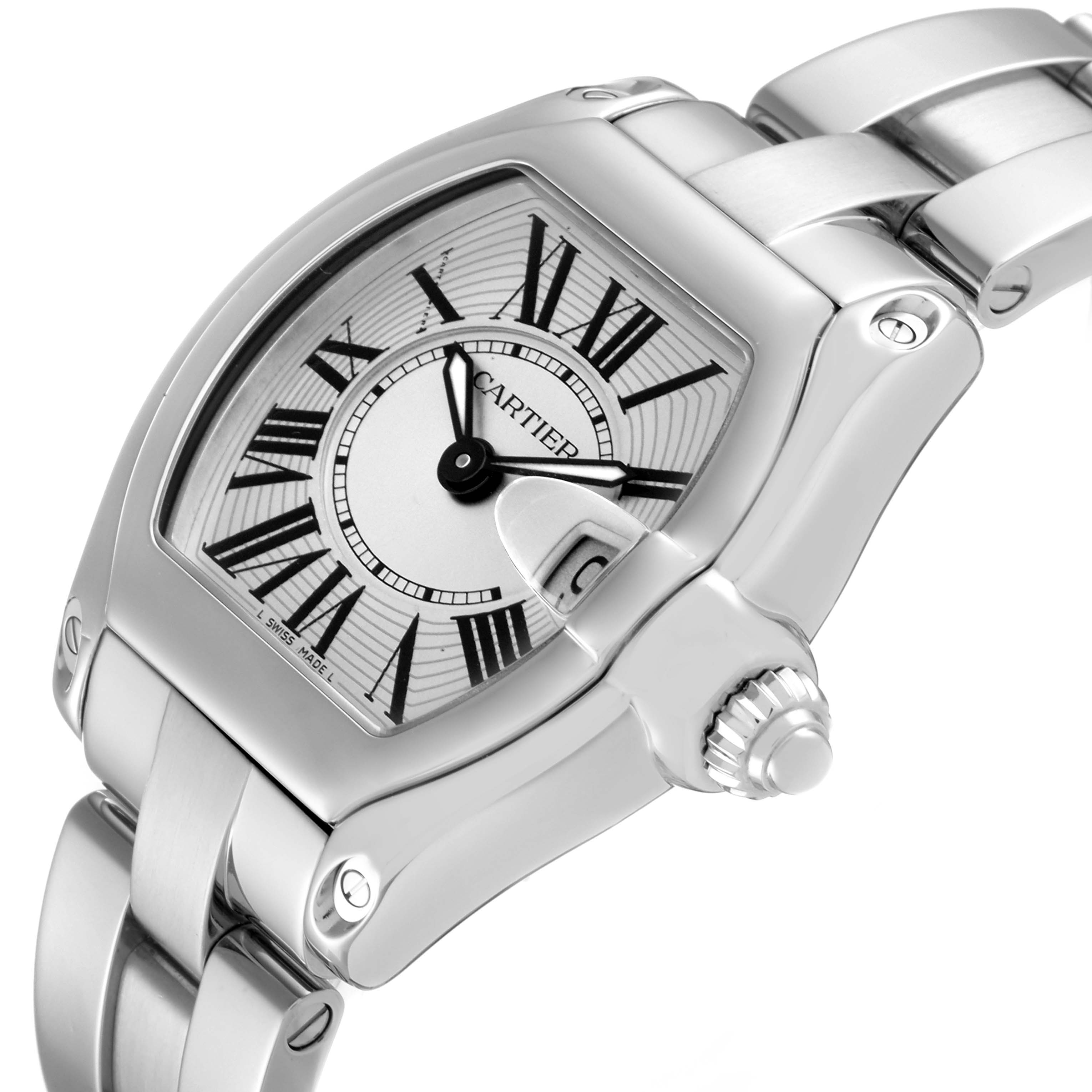 This image shows a close-up, angled view of the dial, bezel, and part of the bracelet of the Cartier Roadster W62016V3 Women's Stainless Steel Silver Dial W62016V3 Women's Stainless Steel Silver Dial watch.
