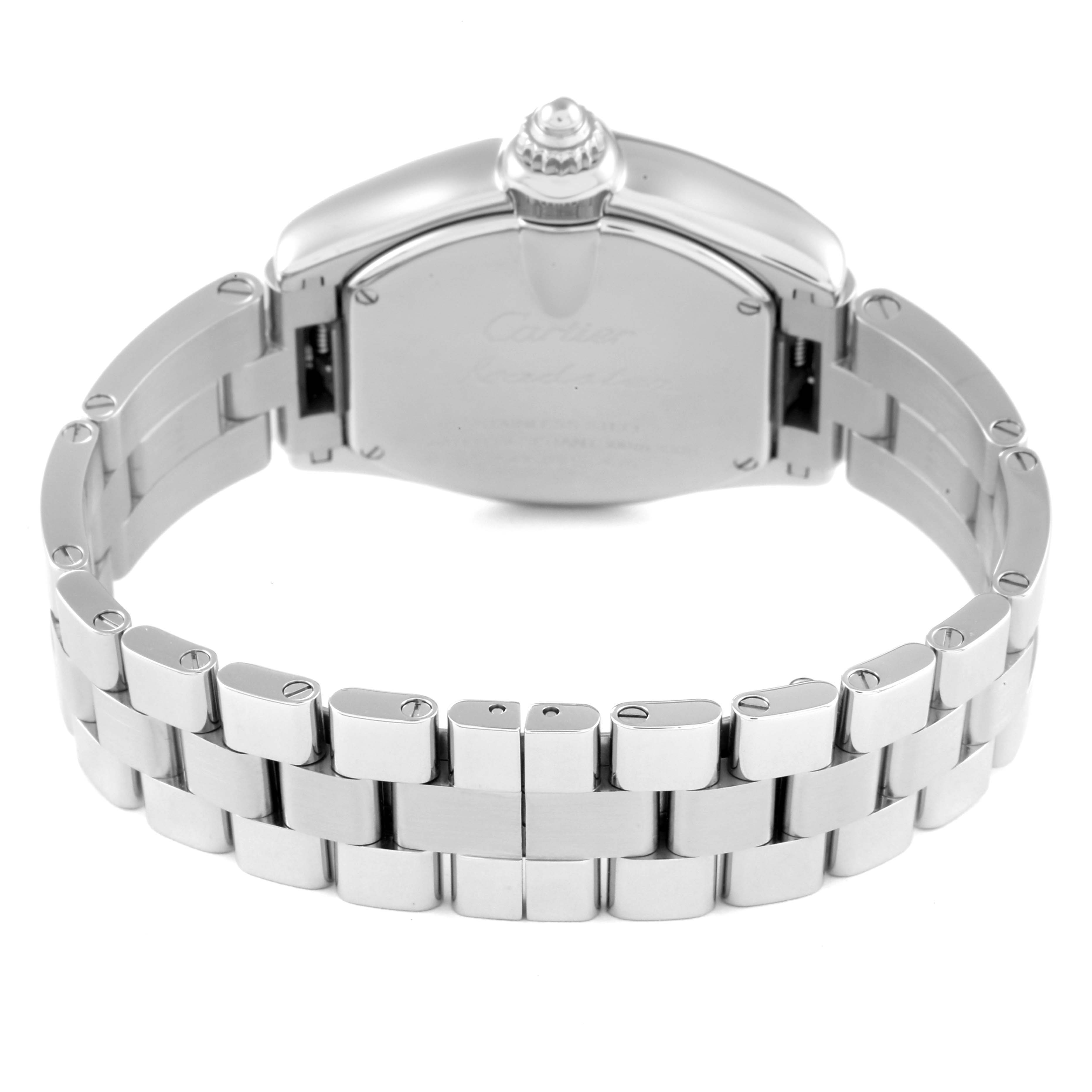 The image shows the back view of a Cartier Roadster W62016V3 Women's Stainless Steel Silver Dial W62016V3 Women's Stainless Steel Silver Dial watch, highlighting its stainless steel bracelet and clasp.