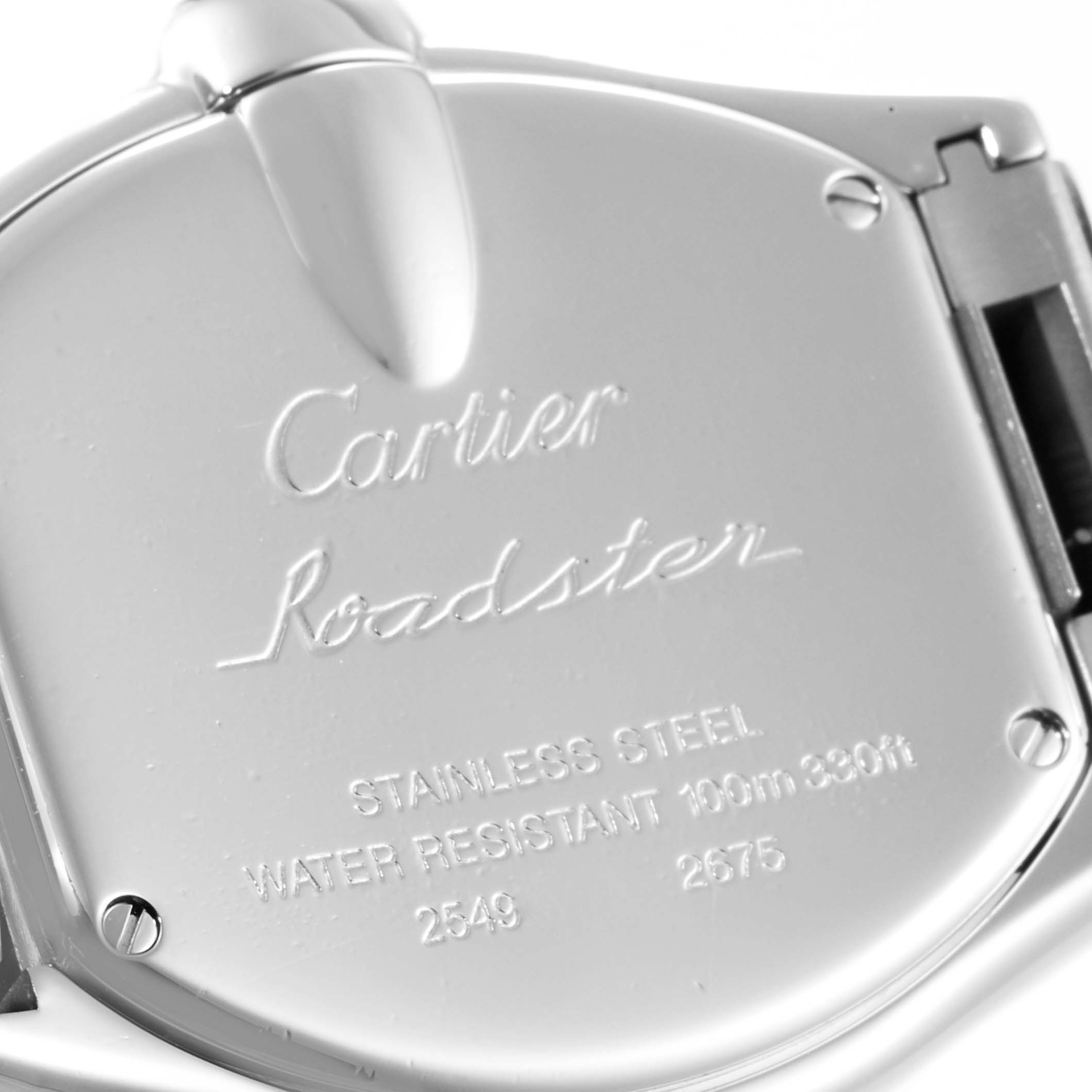 The image shows the back case of the Cartier Roadster W62016V3 Women's Stainless Steel Silver Dial W62016V3 Women's Stainless Steel Silver Dial watch, detailing its water resistance and material.