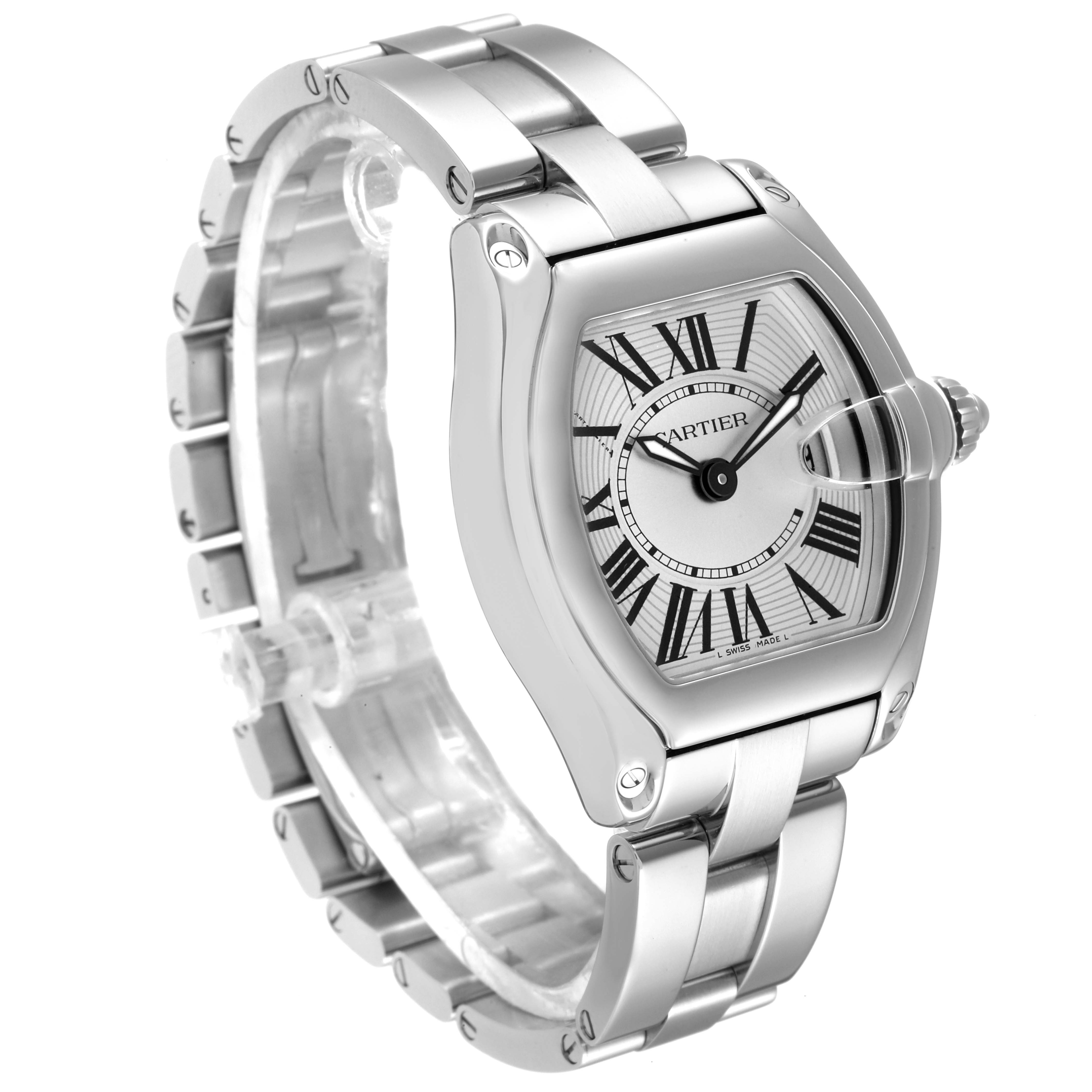 This image shows a side angle view of the Cartier Roadster W62016V3 Women's Stainless Steel Silver Dial W62016V3 Women's Stainless Steel Silver Dial watch, highlighting the face, crown, and stainless steel bracelet.
